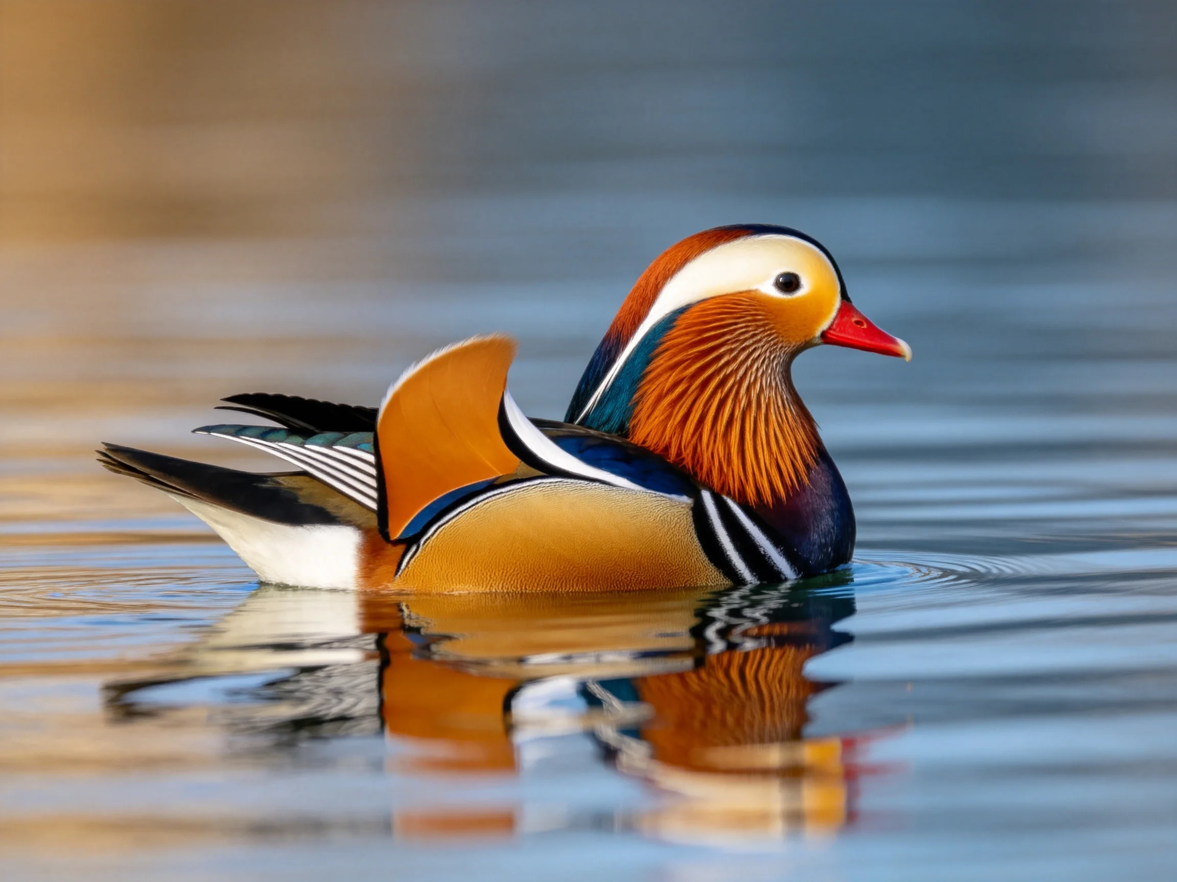 Vibrantly colored mandarin duck swimming in reflective blue water