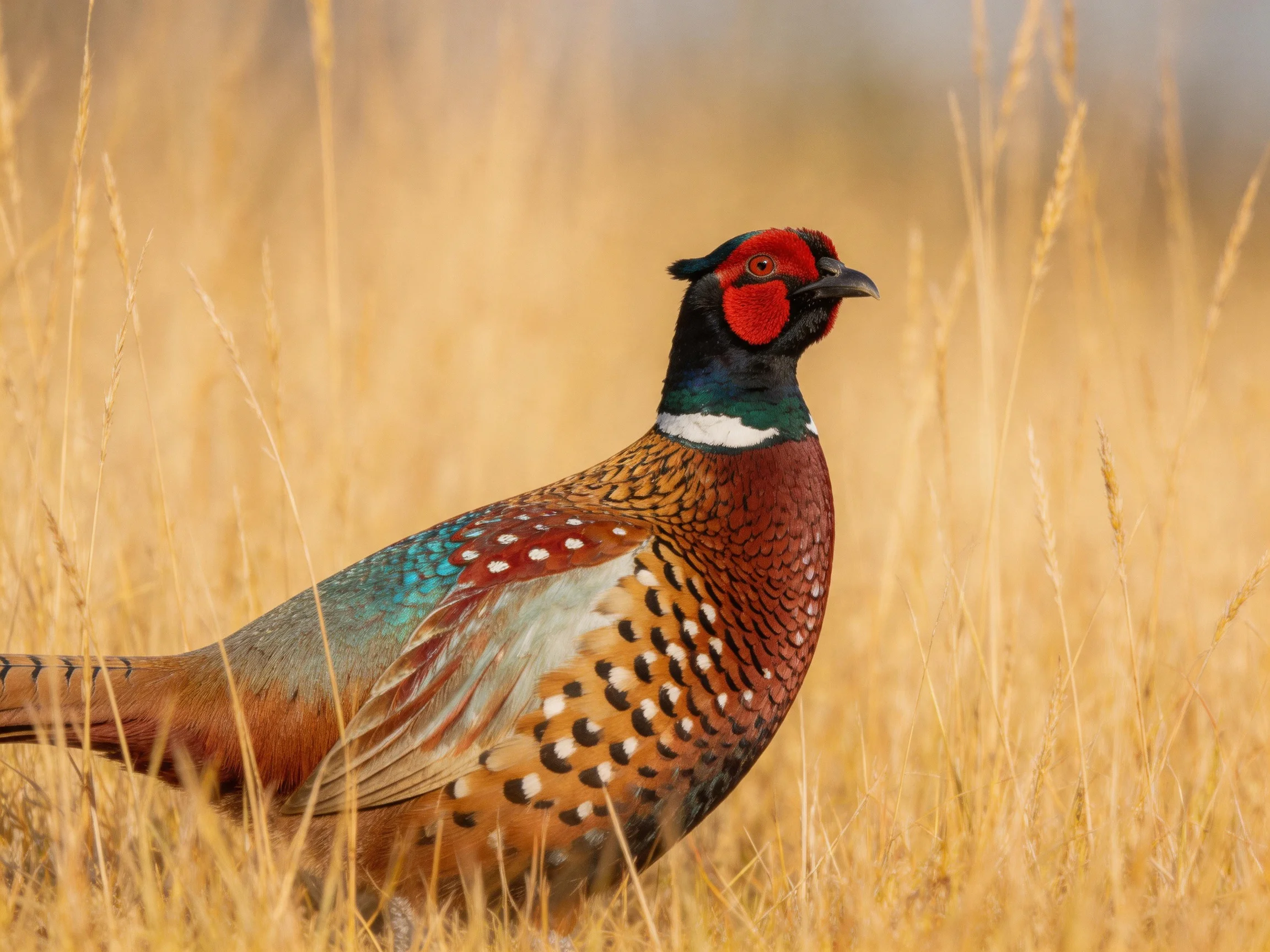 Vibrantly colored pheasant among tall golden grasses