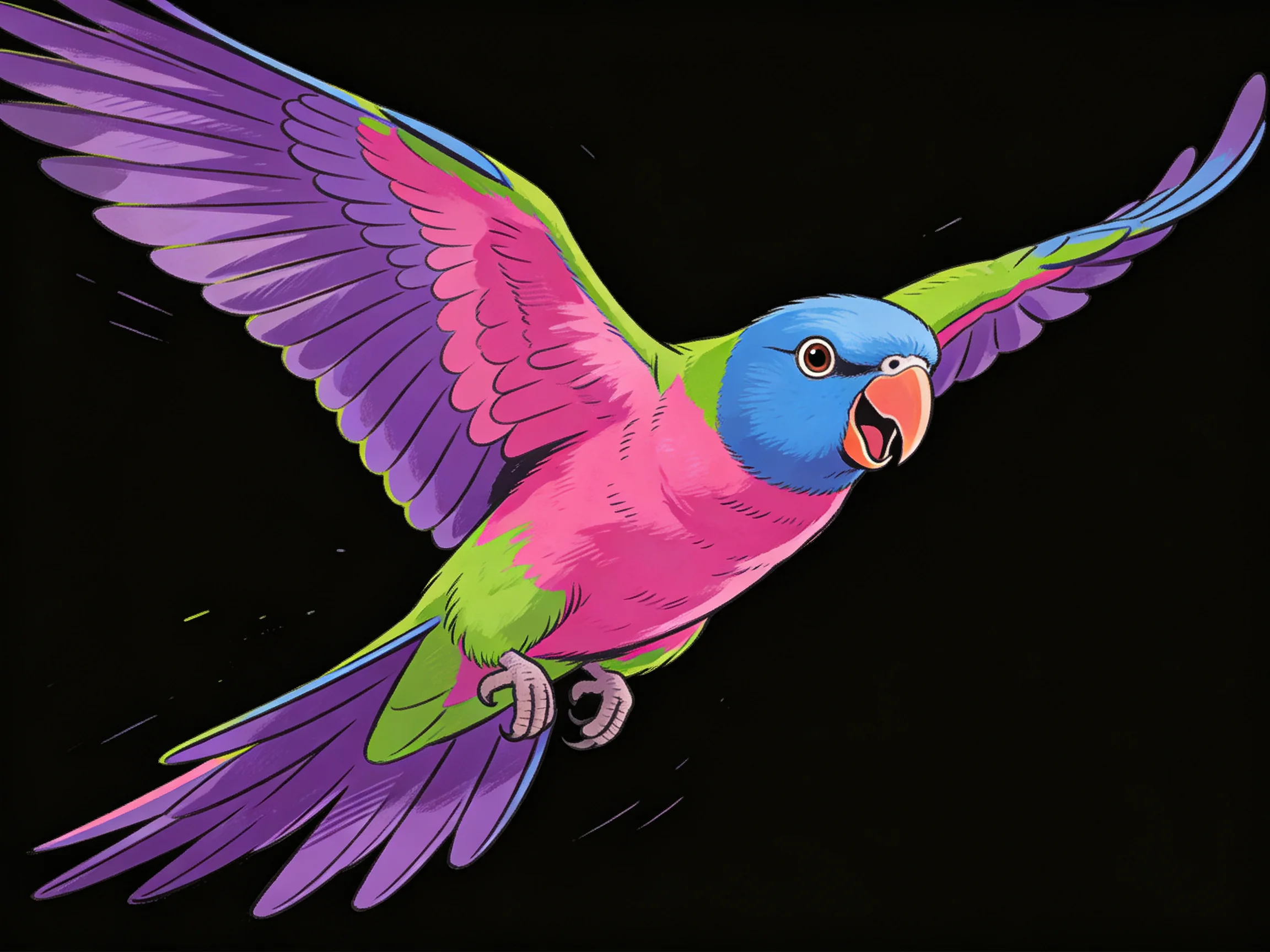 Vibrantly hued parrot with blue, pink, green, purple feathers in flight
