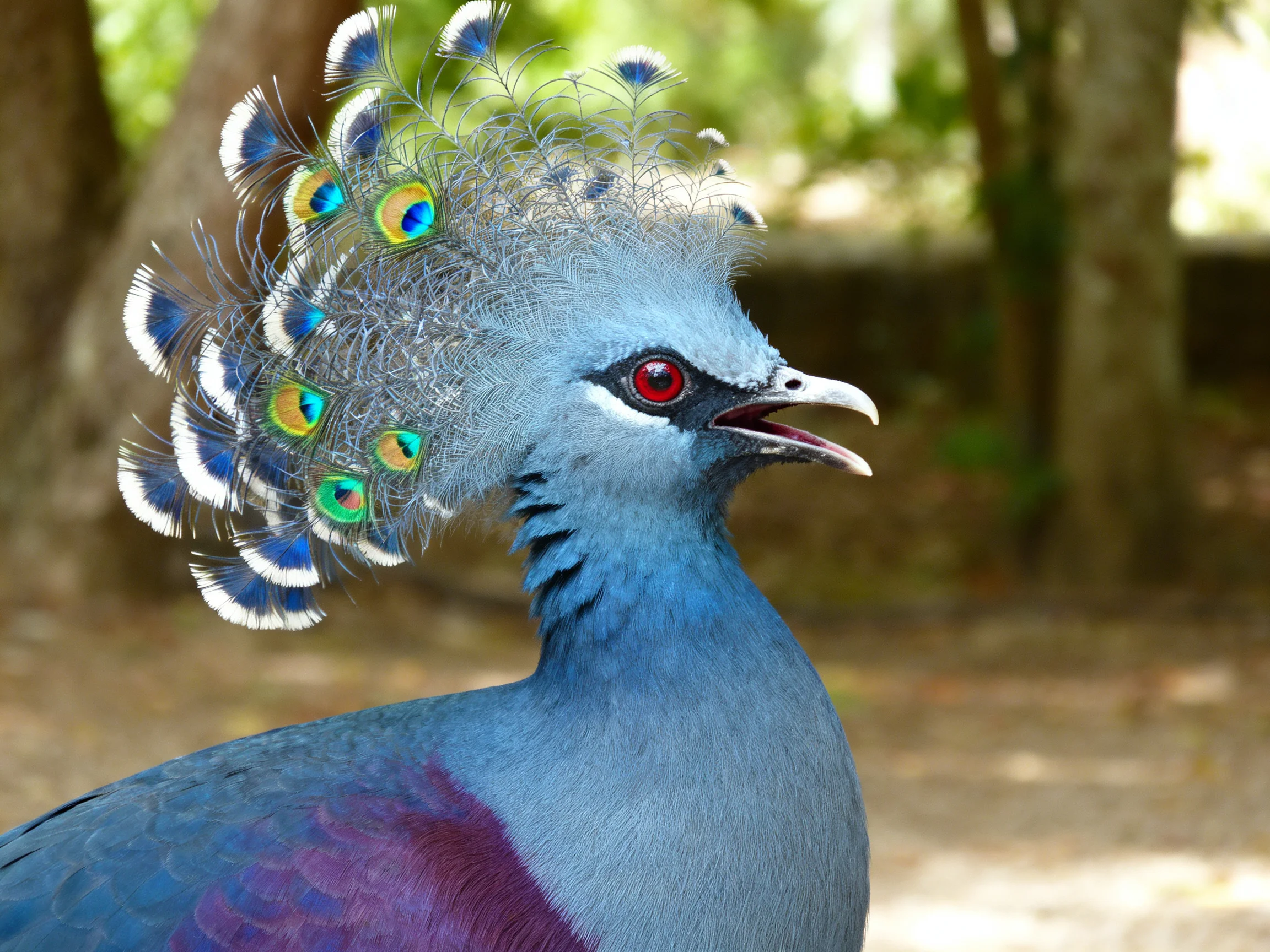 Victoria crowned pigeon with blue-purple plumage and peacock-like crest