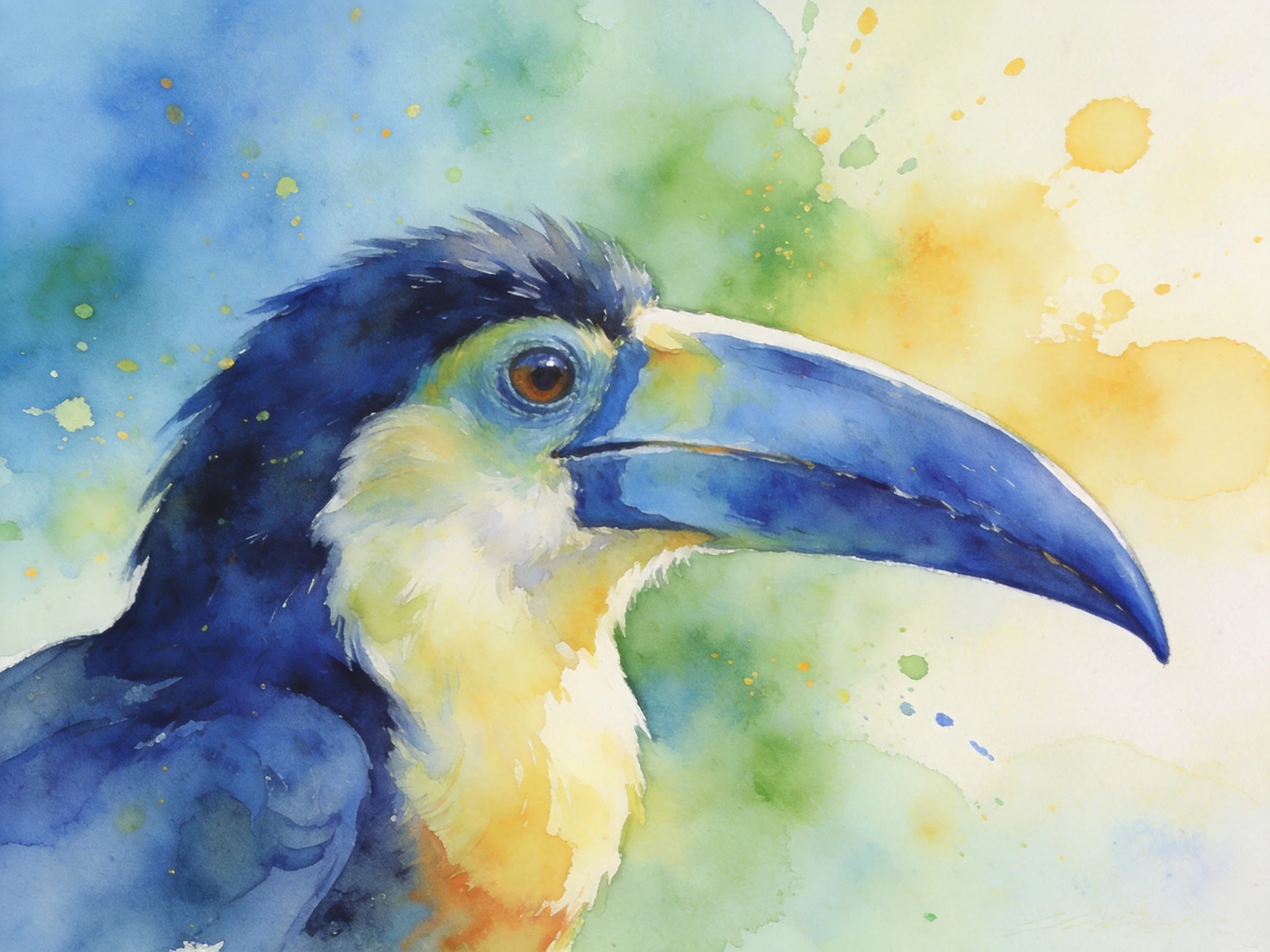 Watercolor portrait of a colorful tropical bird with large curved beak