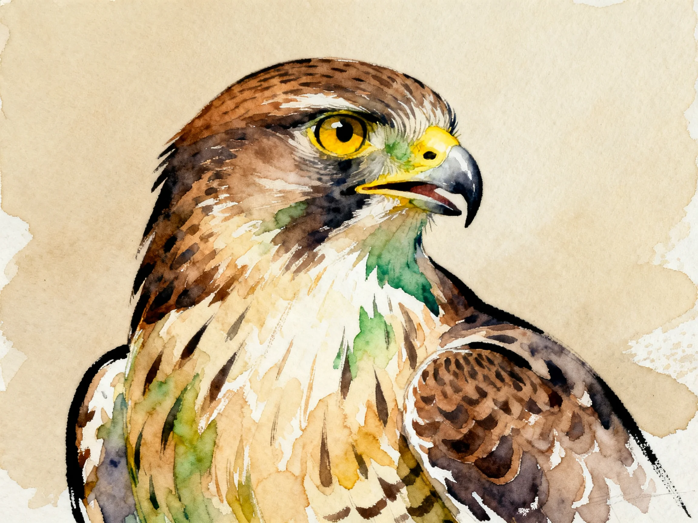 Watercolor portrait of a raptor with multicolored plumage