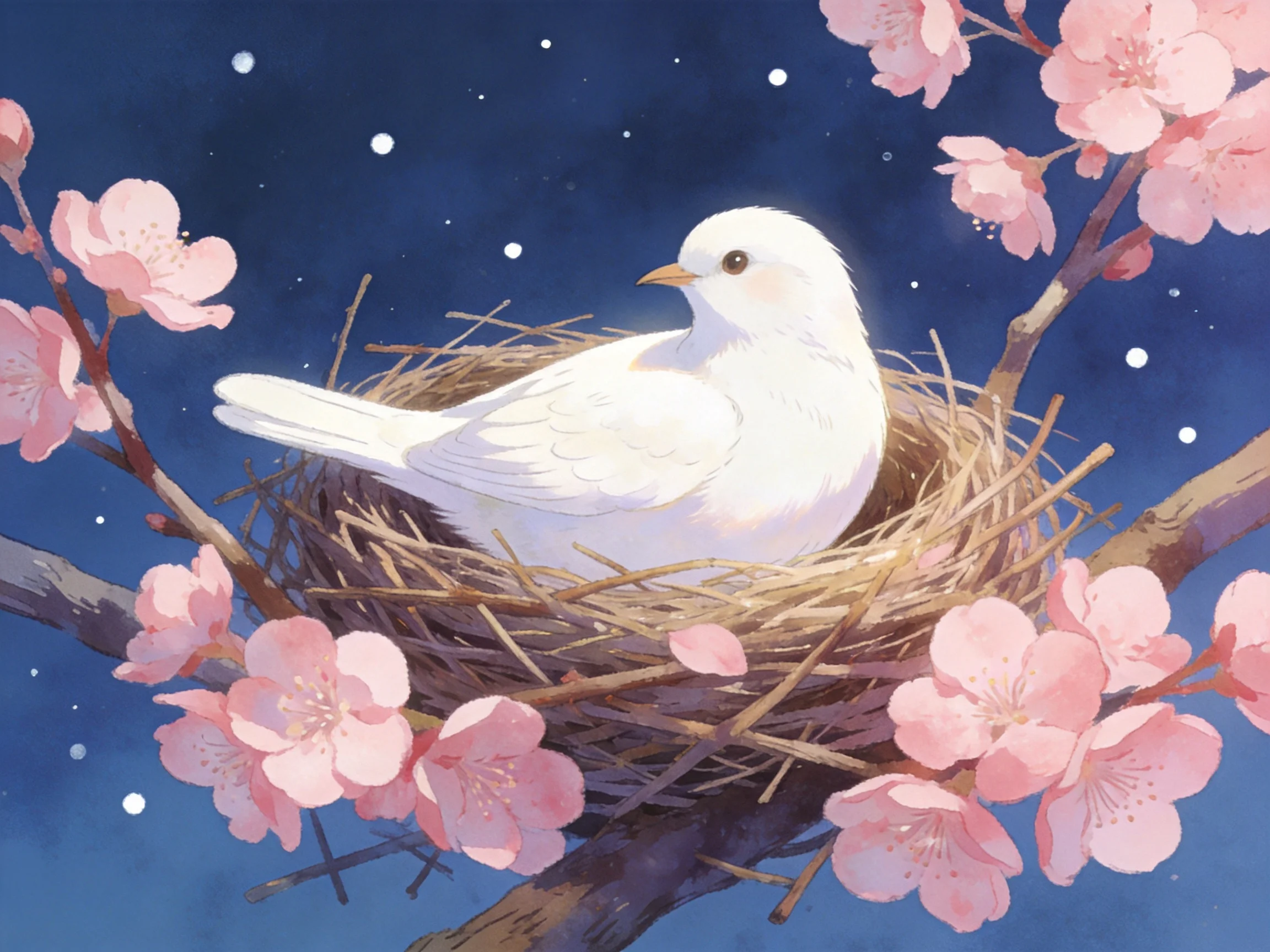 White Bird Nestled Among Pink Blossoms Under Starry Sky