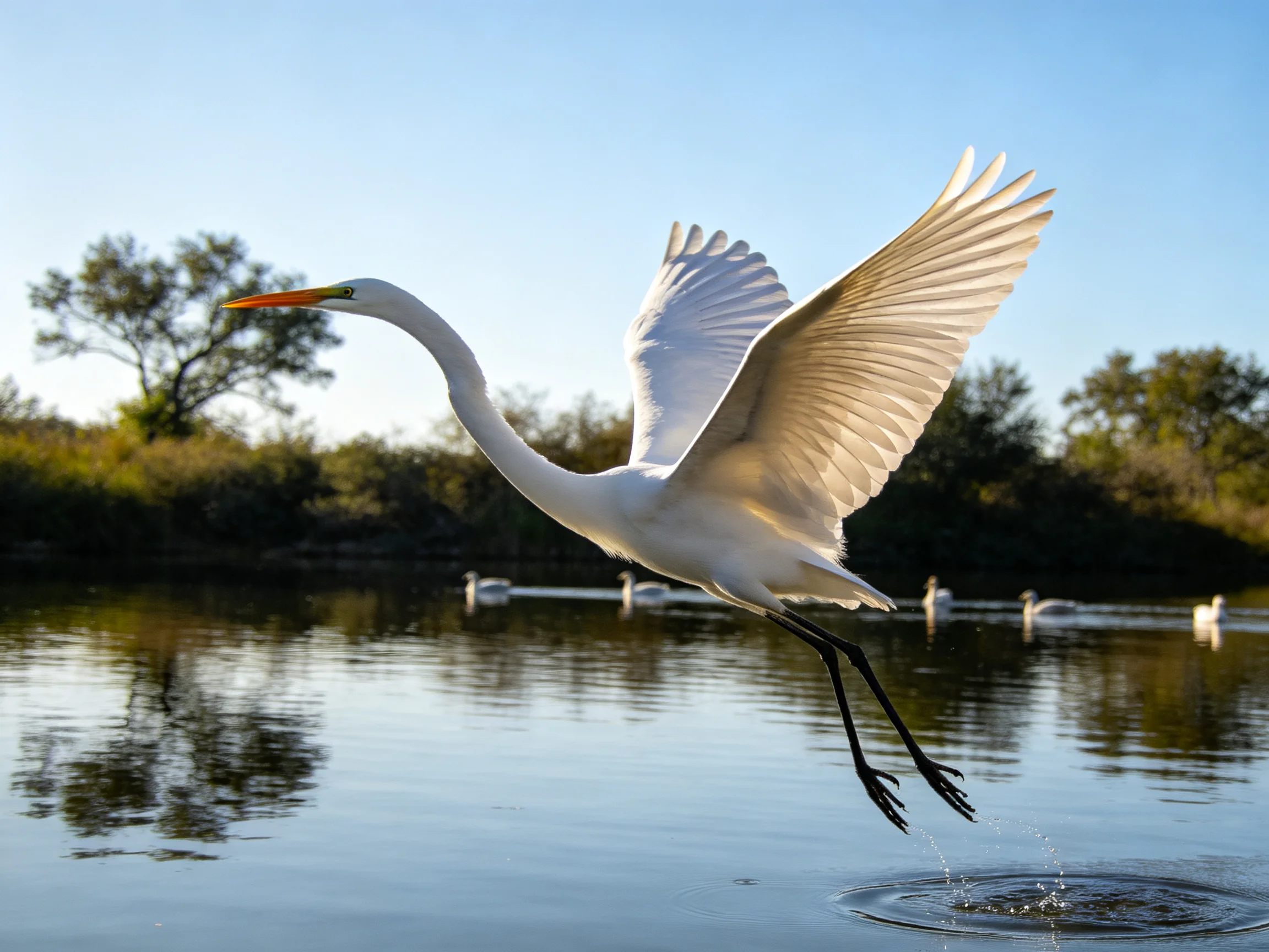 White Egret Soars Above Shimmering Water with Swans and Trees