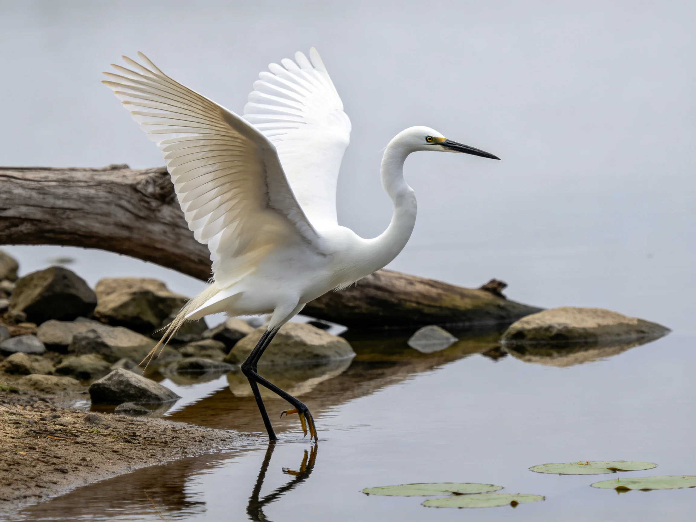 White Egret Spreading Wings by Rocky Shore with Calm Water
