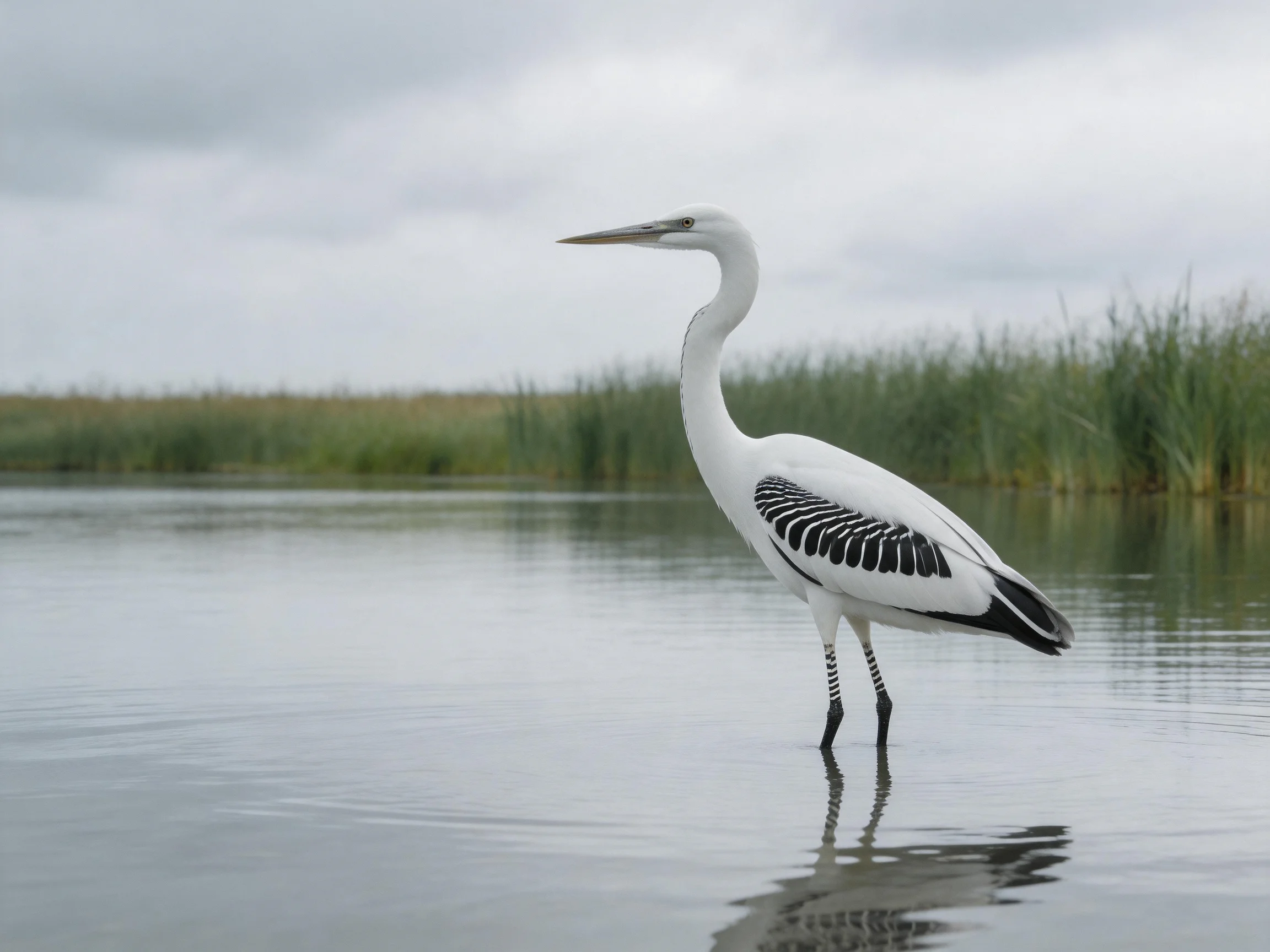 White Heron Wades in Calm Water Near Tall Reeds