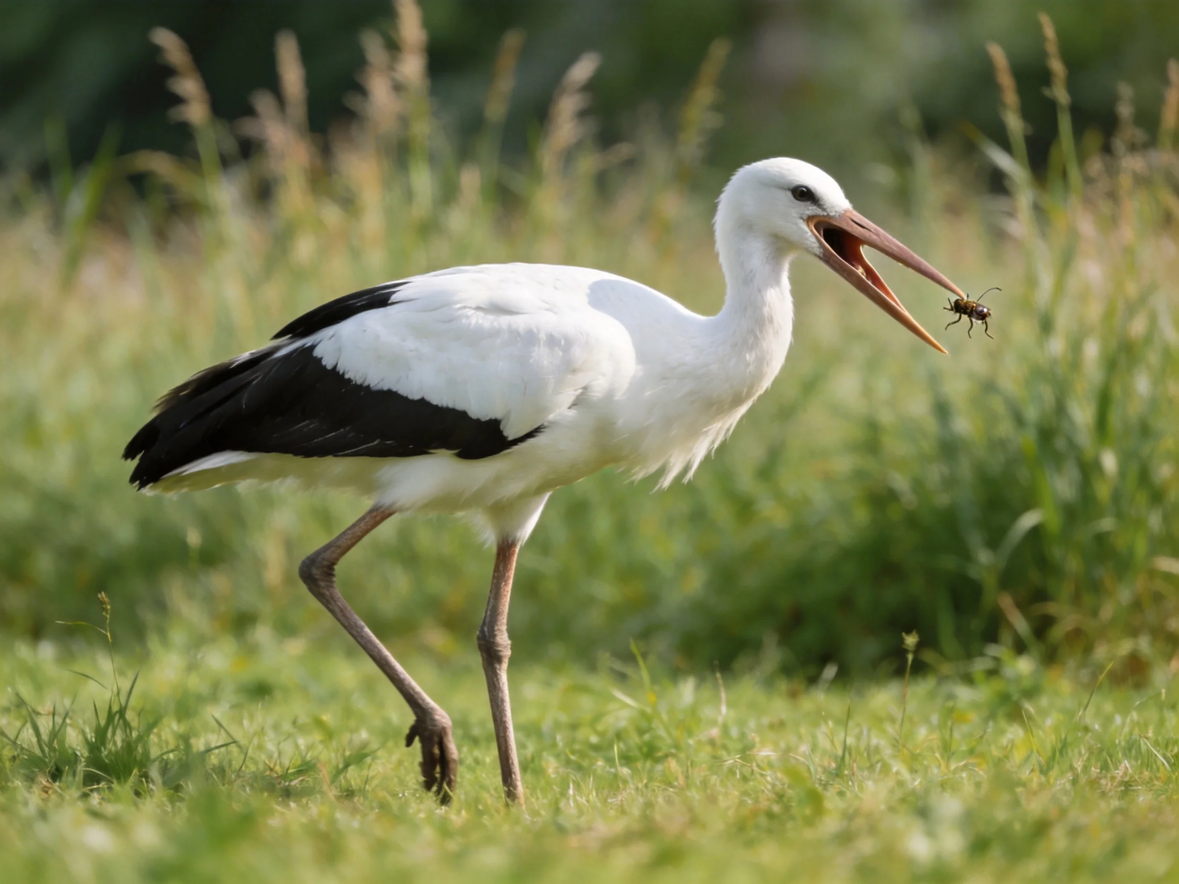 White Stork with Black Wings Catches Insect in Lush Green Field