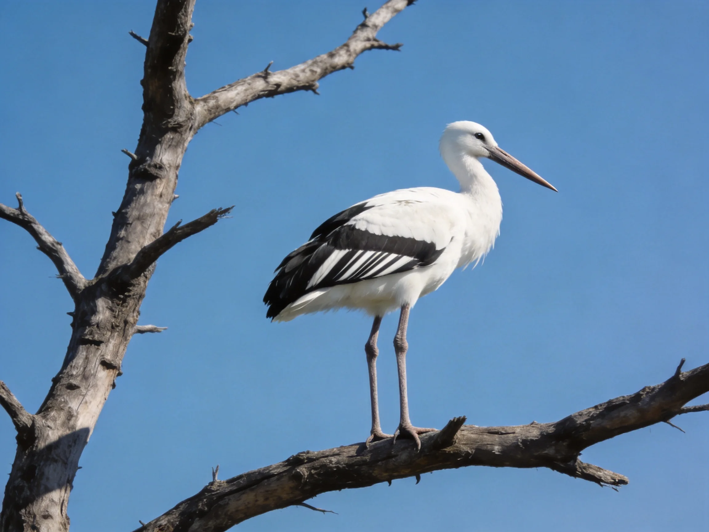 A white and black bird stands on a bare tree branch against a clear blue sky.