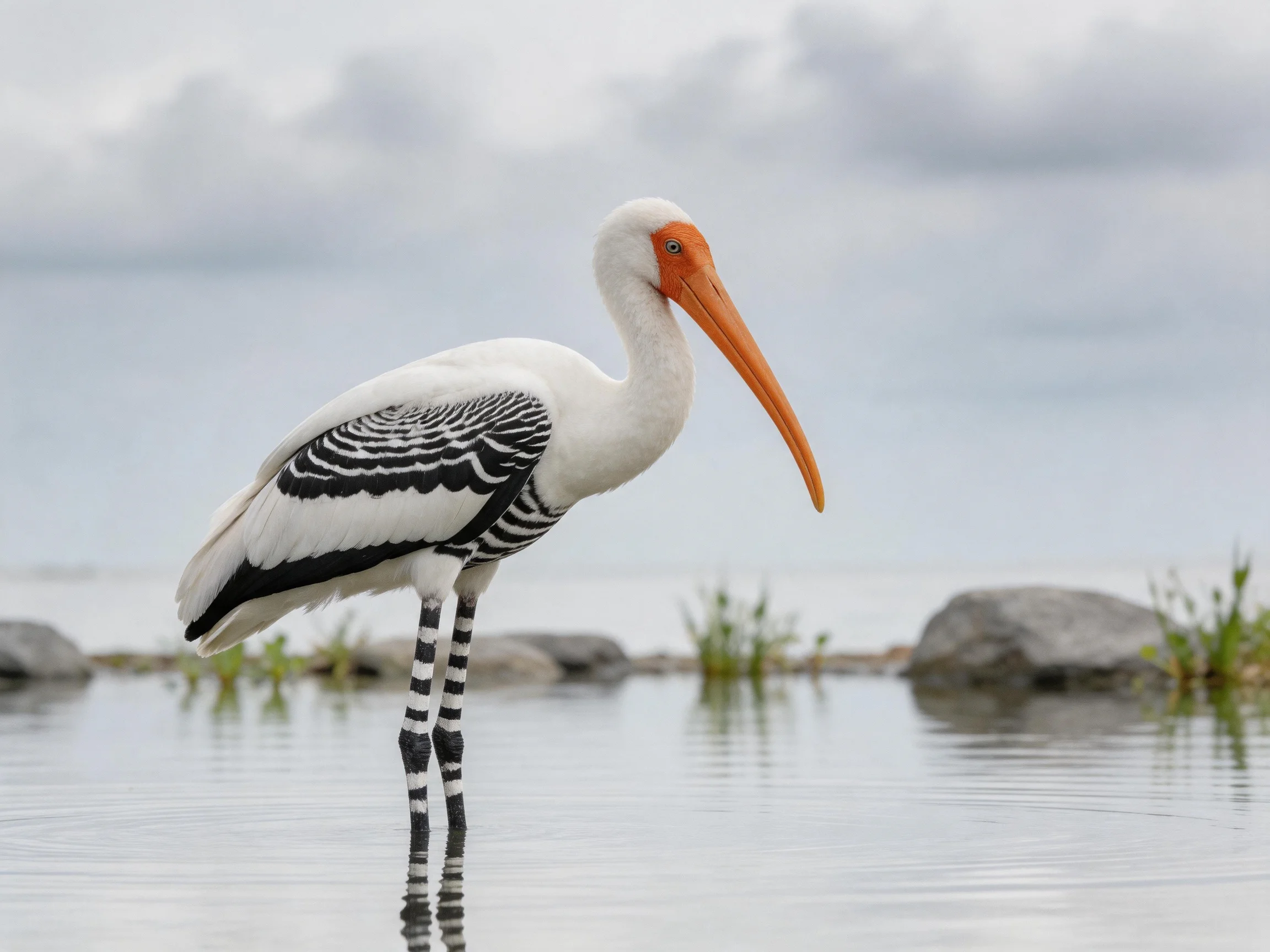 White and black patterned stork with orange beak in shallow water