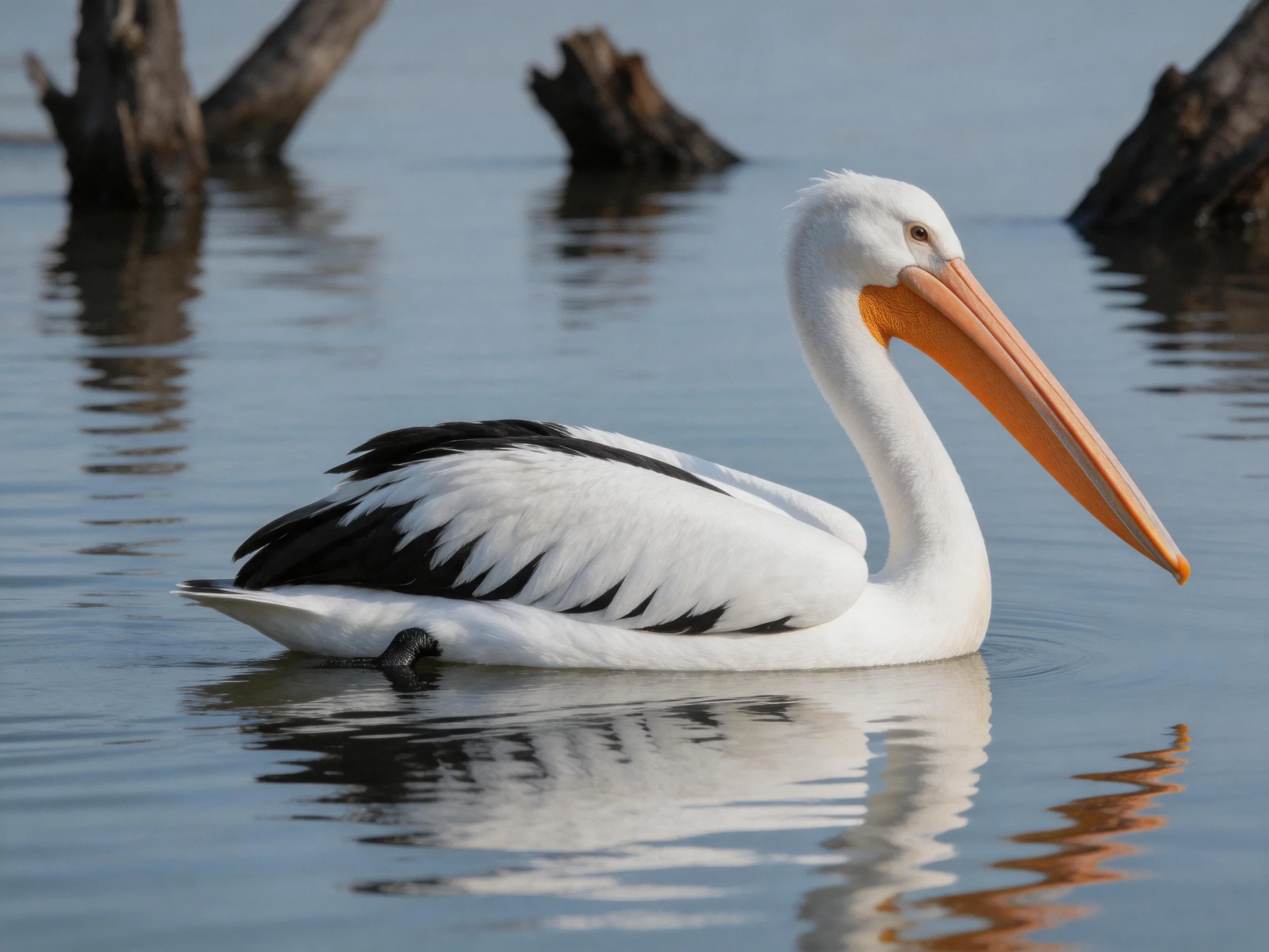 White and black pelican swims near dark tree stumps in calm water