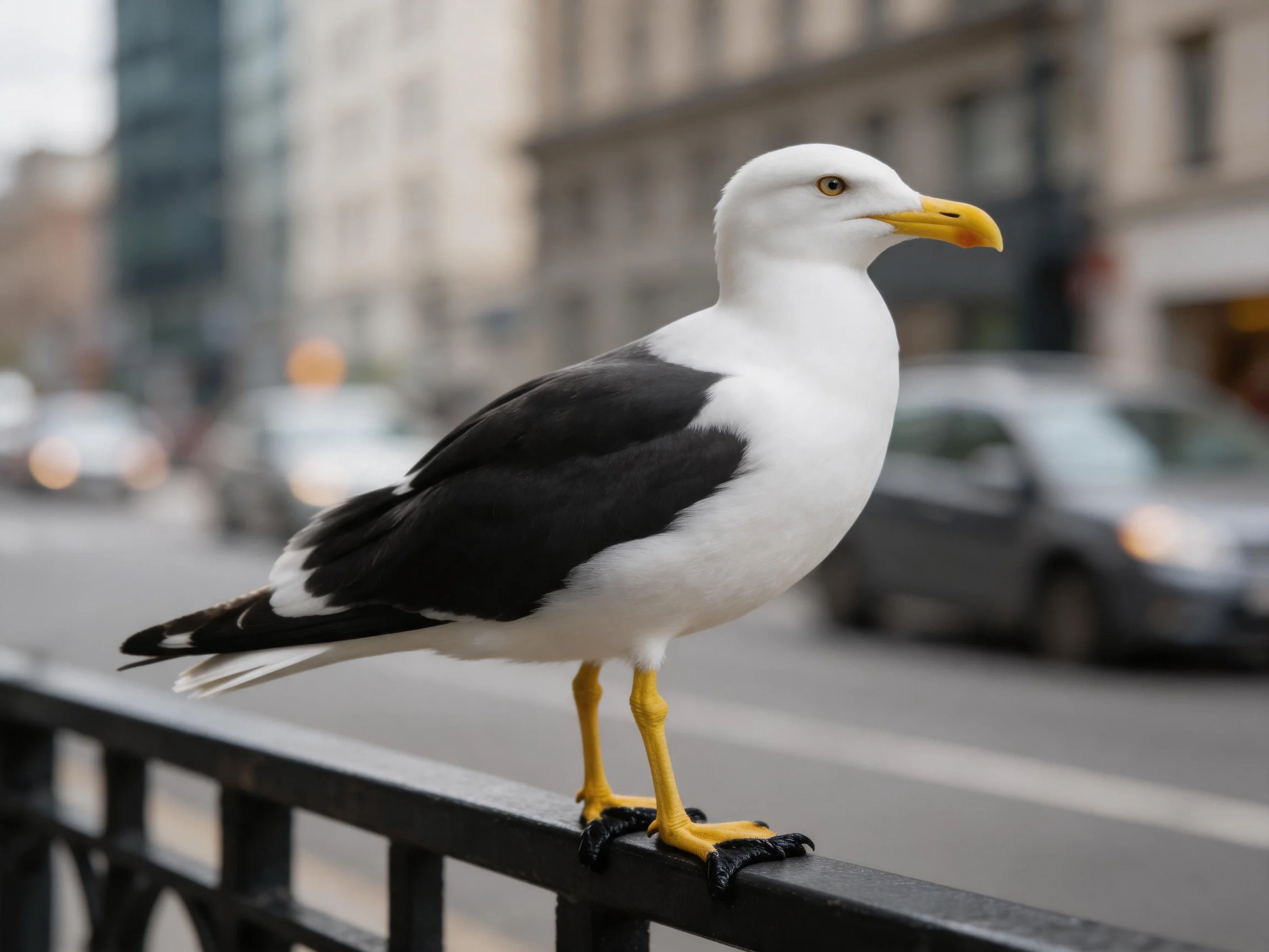 White and black seagull perched on dark metal railing by busy urban street