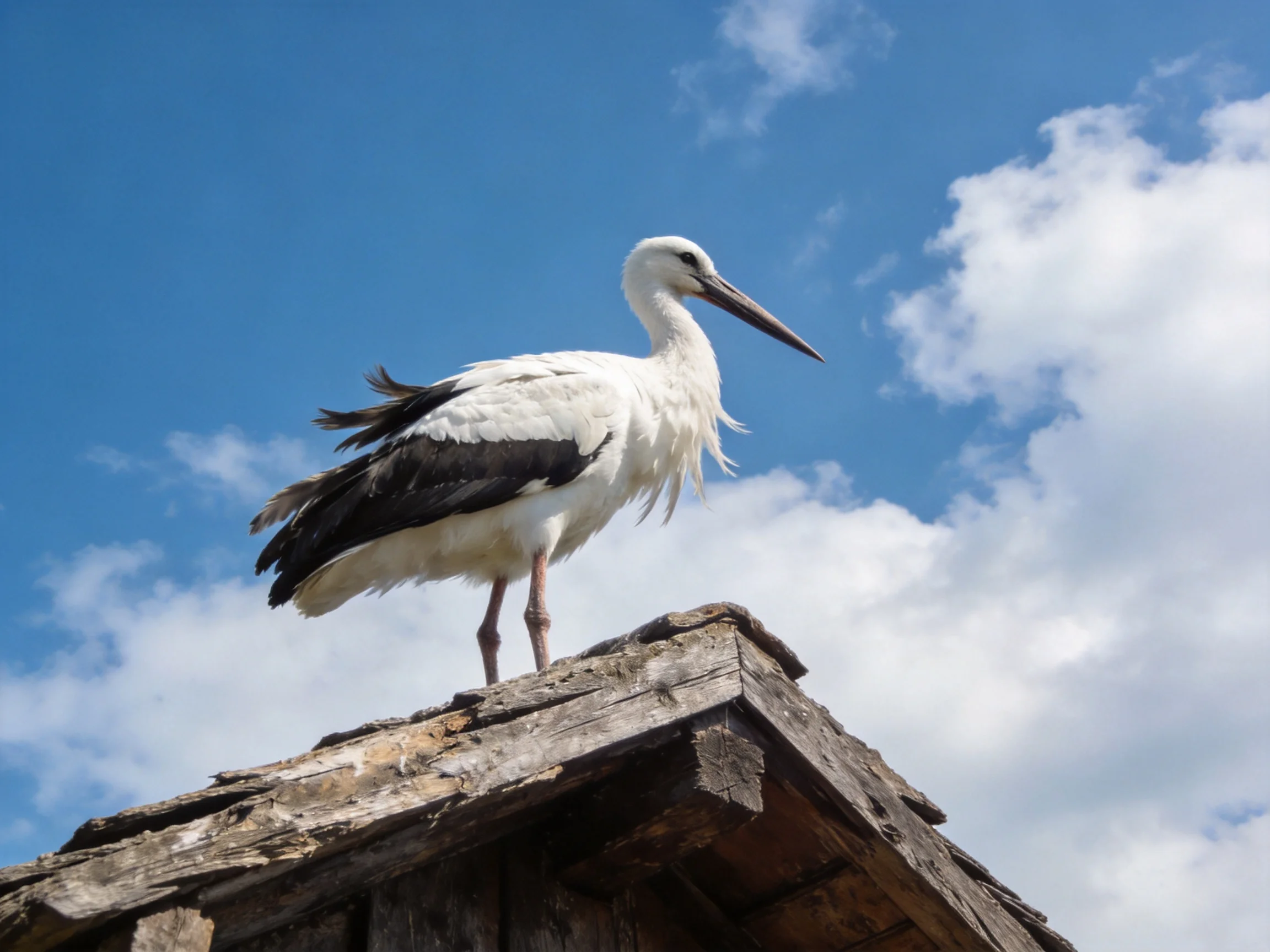 White and black stork on weathered wooden roof under blue sky