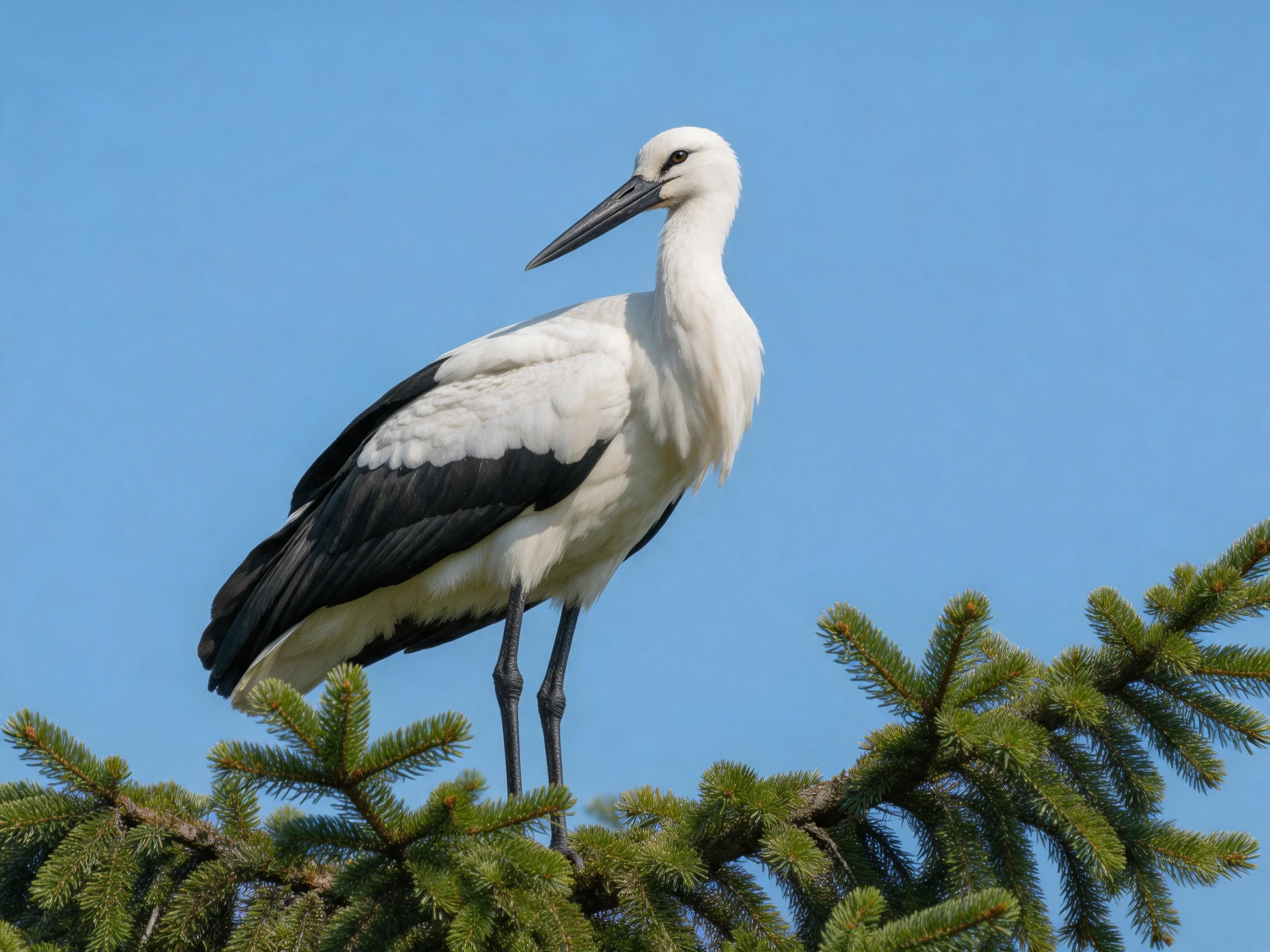 White and black stork perched on green pine branches