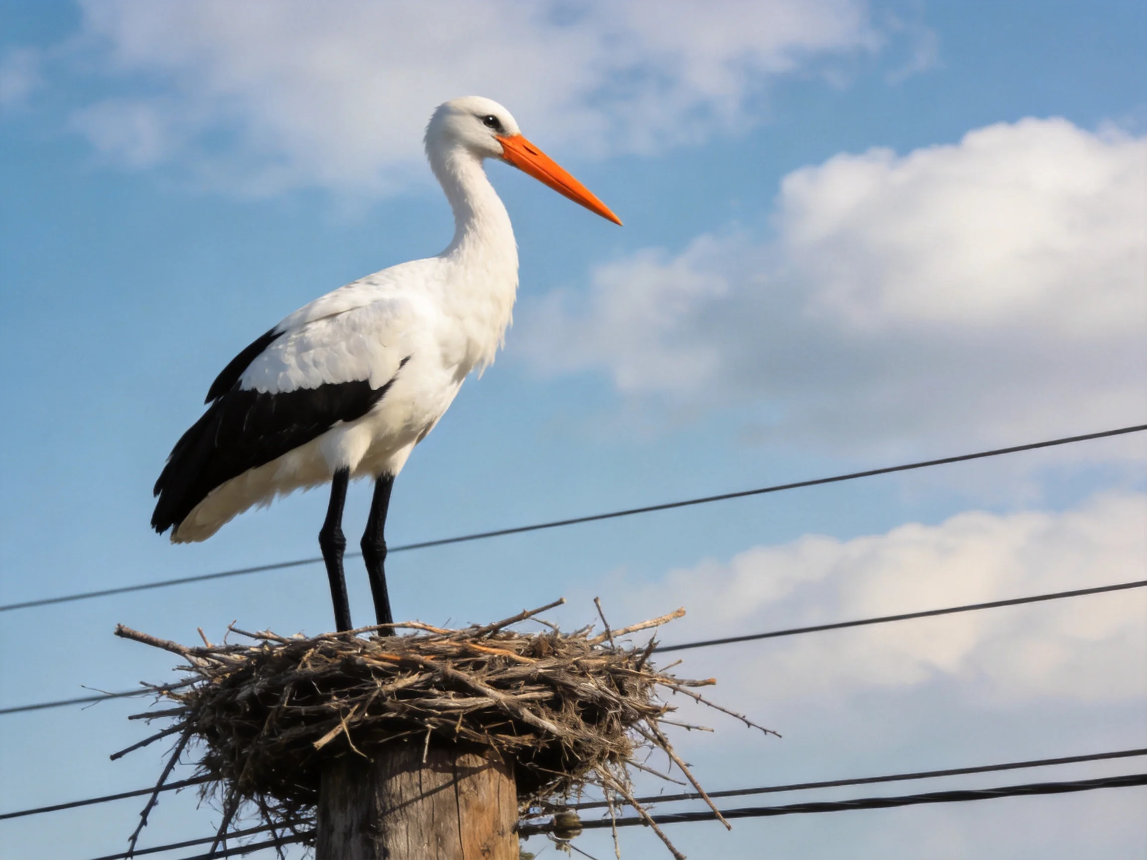 White and black stork perched on straw nest atop utility poles