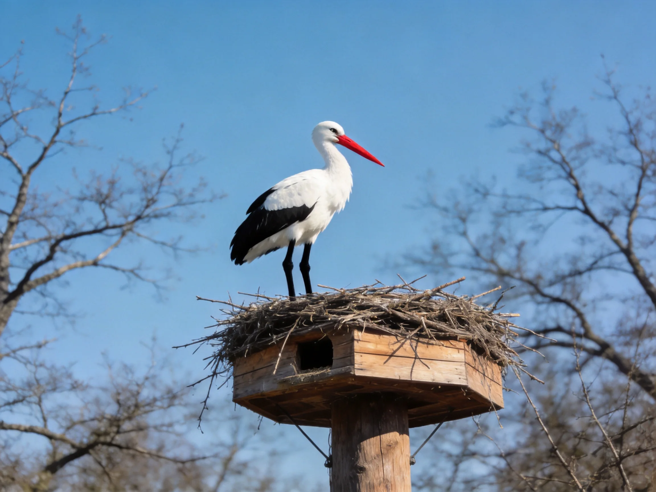 White and black stork perched on twig nest atop wooden box