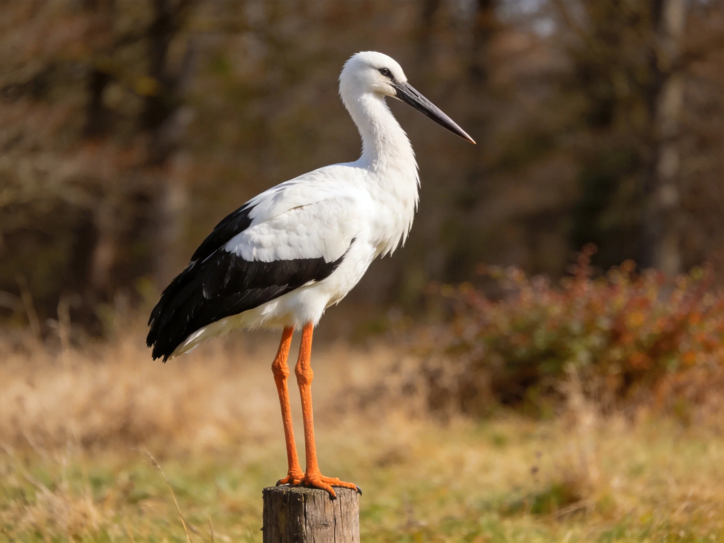 White and black stork perched on wooden post in wooded area