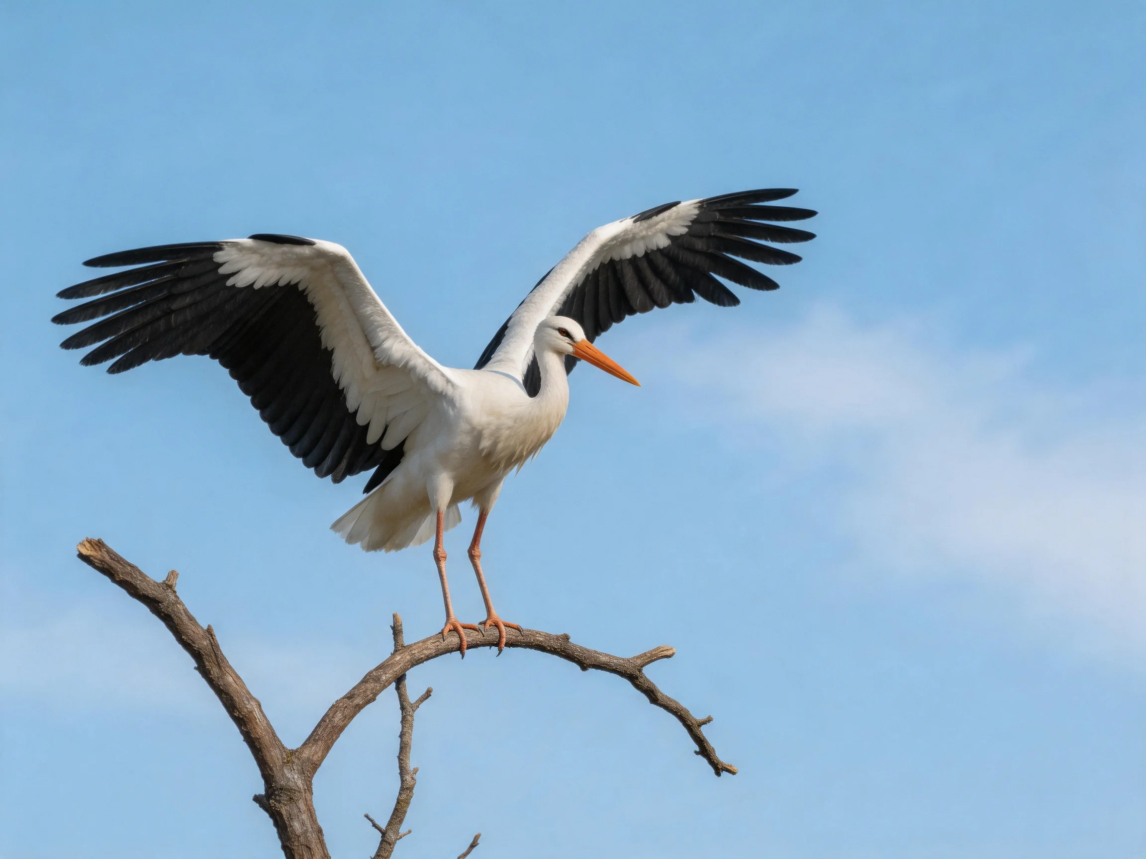 White and black stork spreading wings on bare tree branch