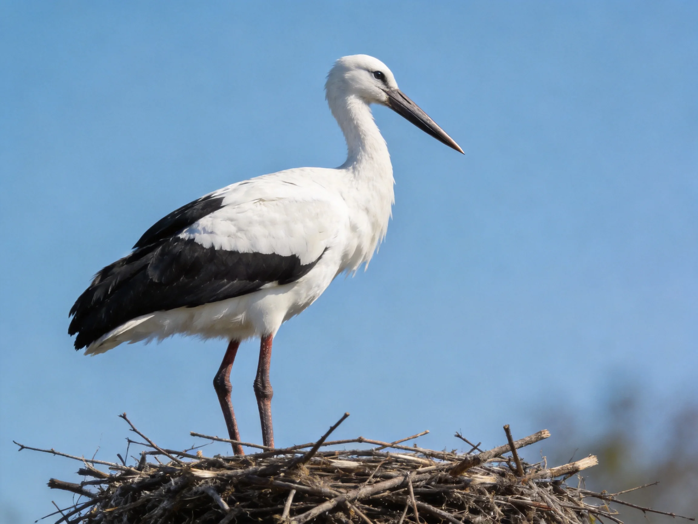 White and black stork standing on twig nest under clear blue sky