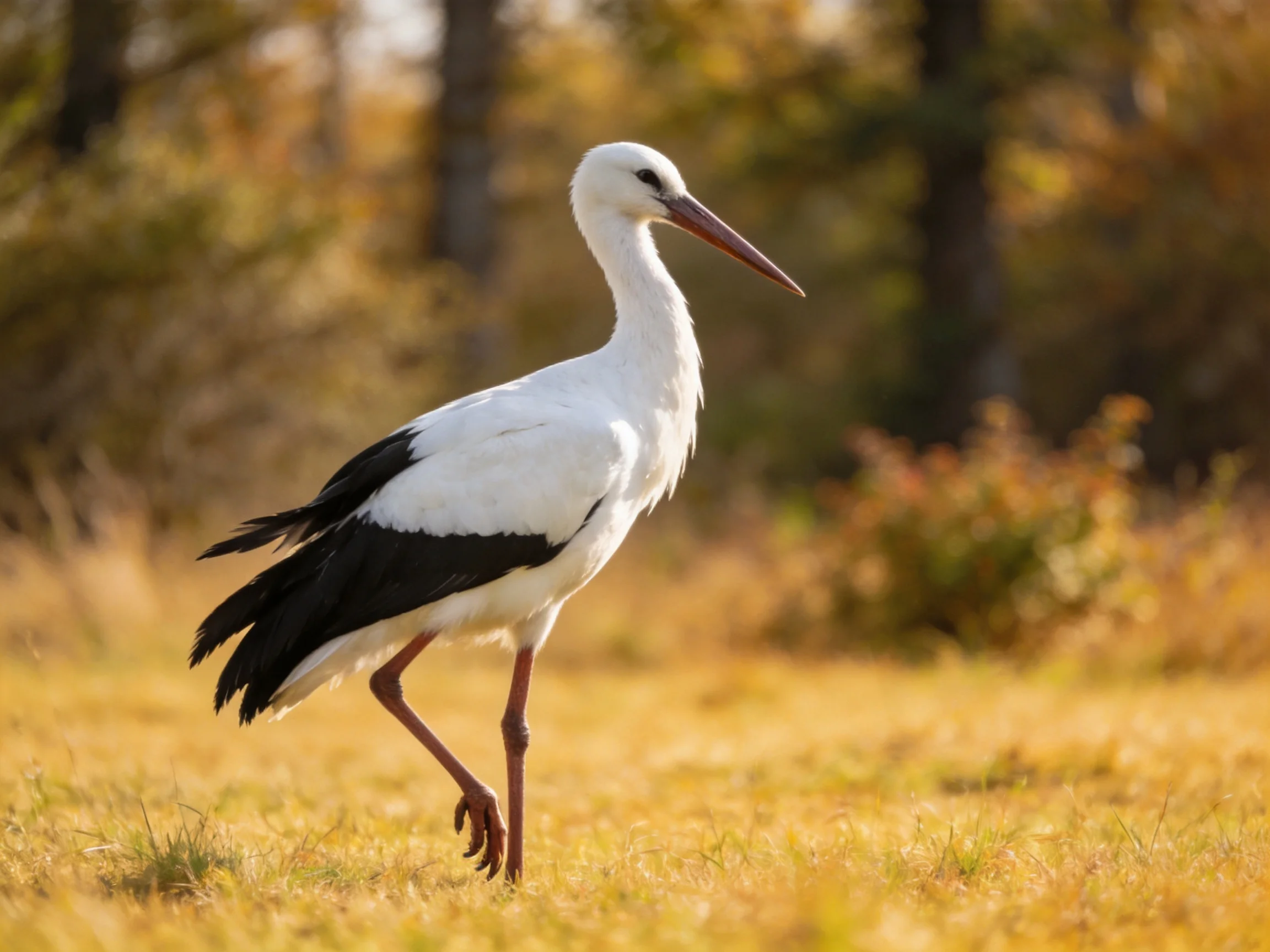 White and black stork walks on golden grass near trees