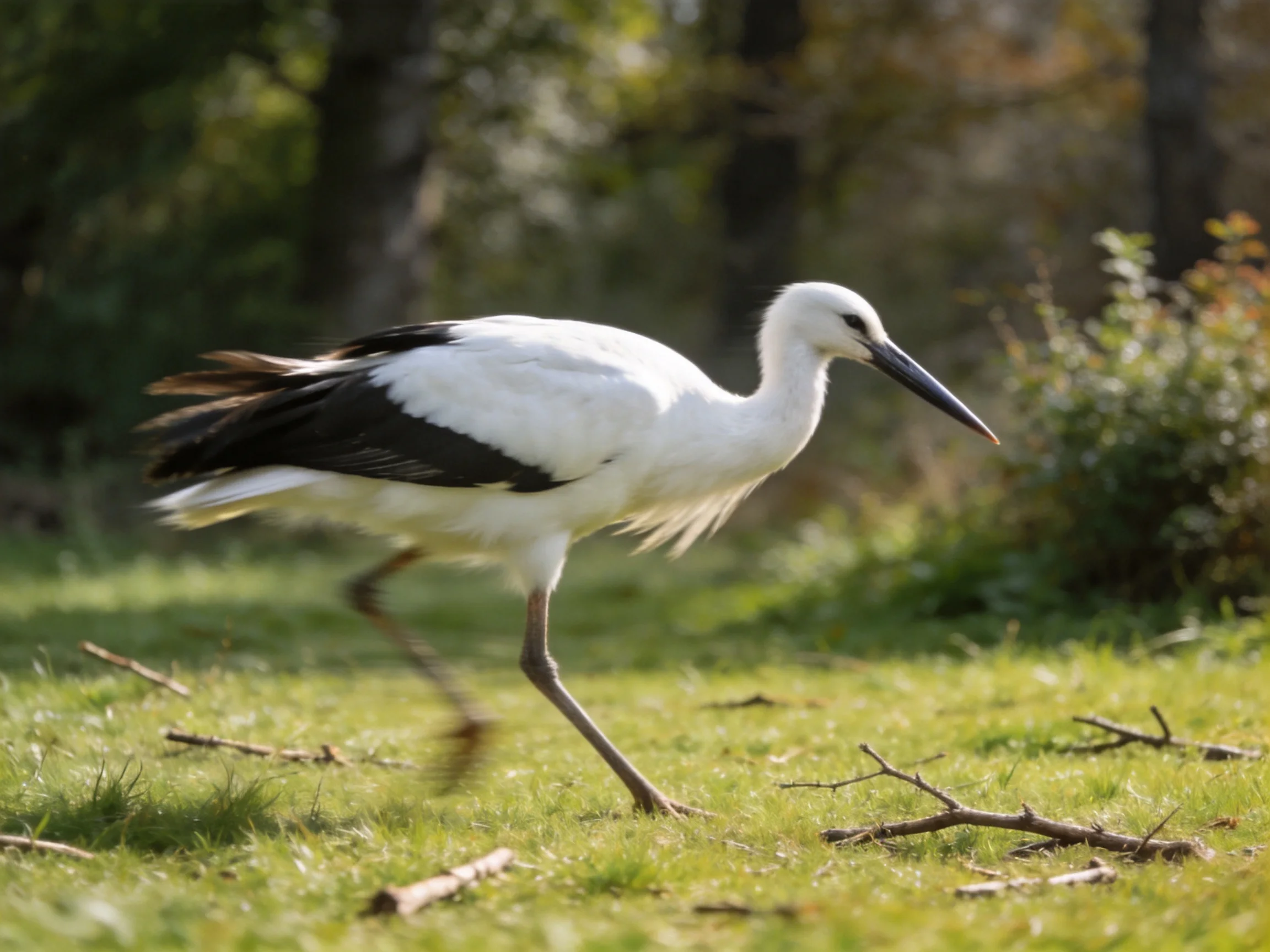 White and black stork walks through sunlit grassy terrain