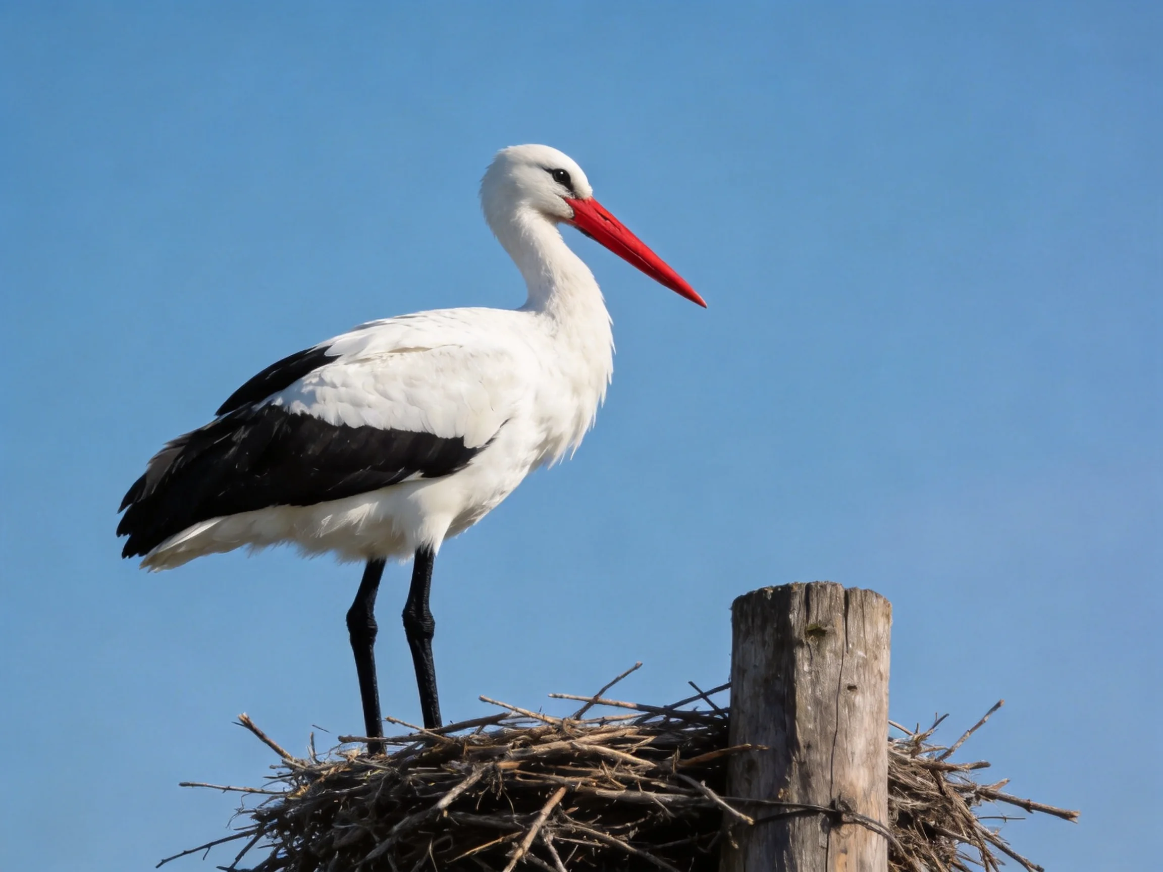 White and black stork with long red beak perched on a twig nest