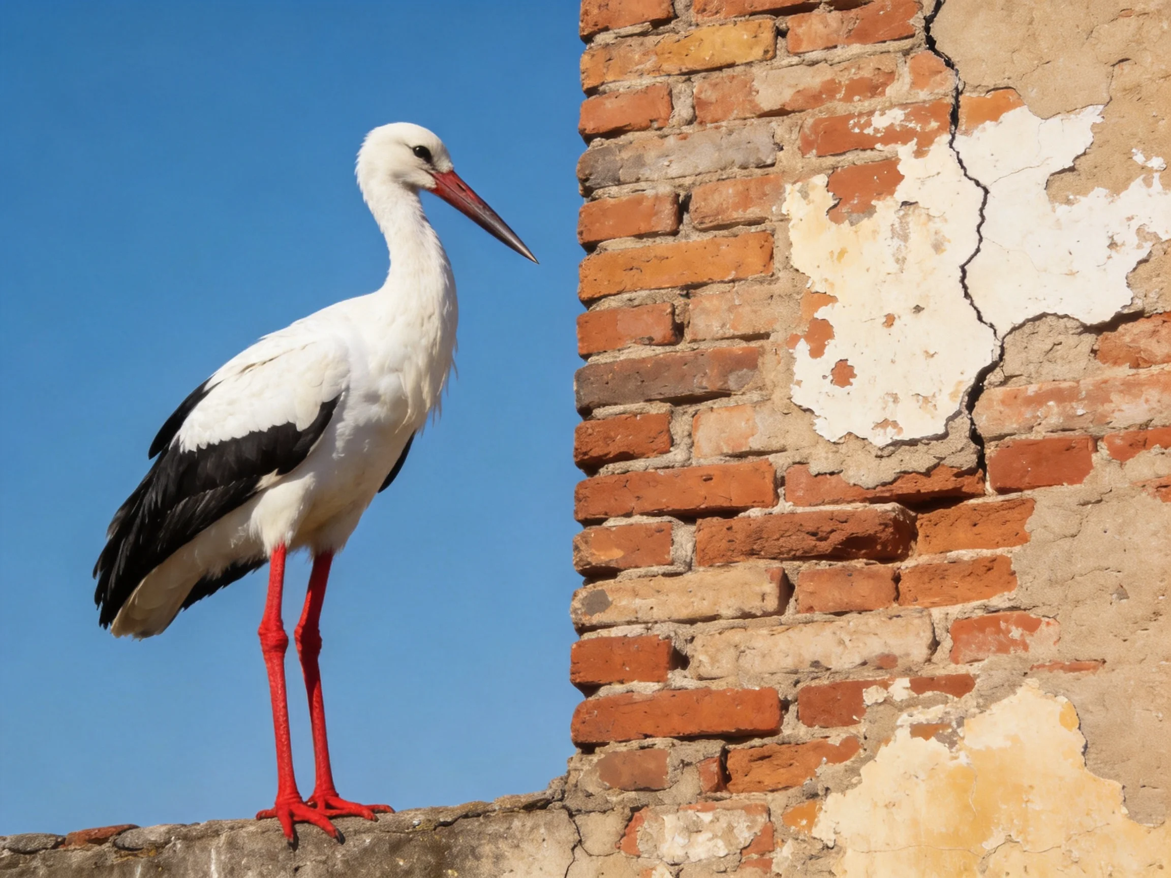 White and black stork with red legs near aged brick wall