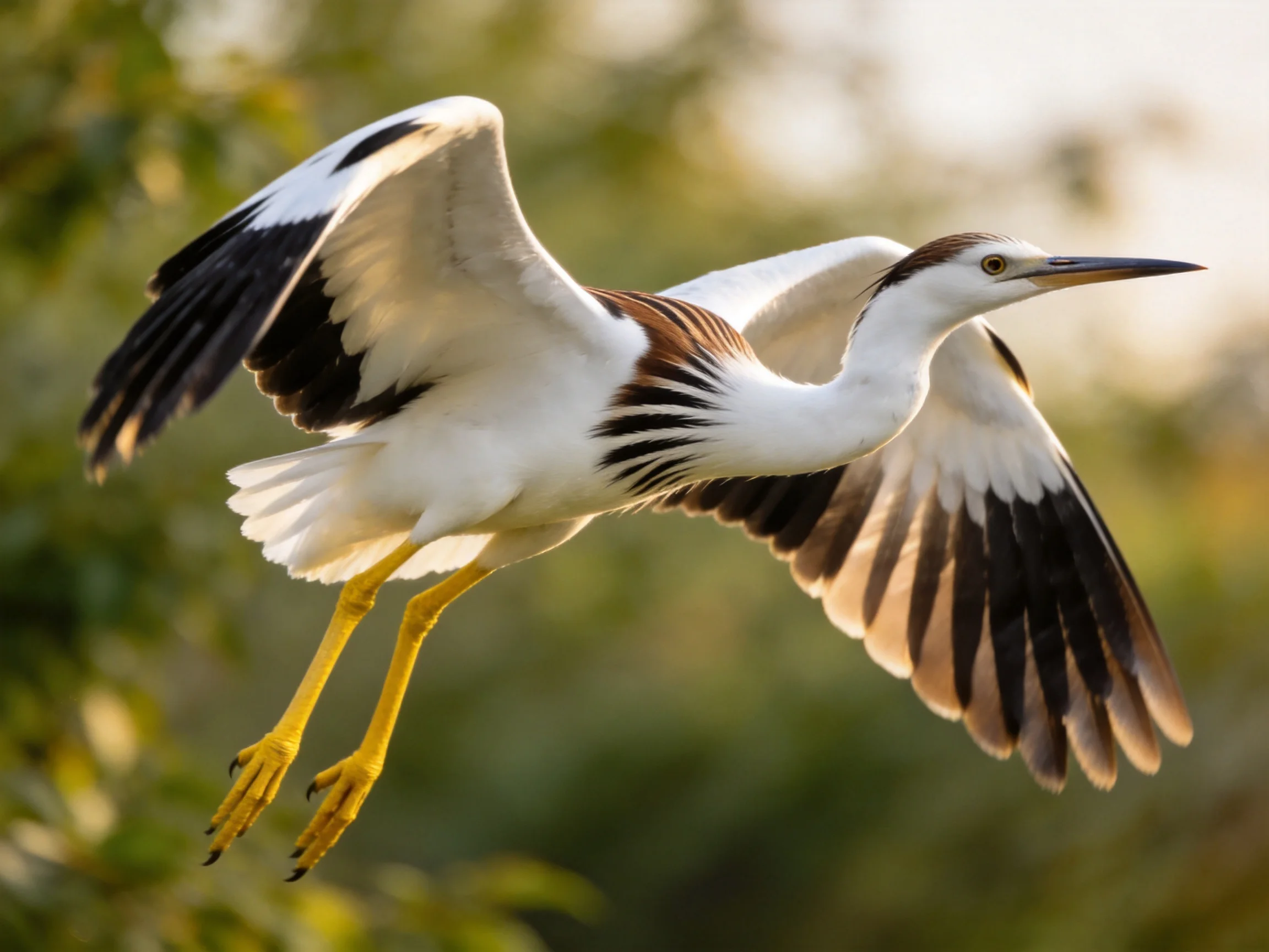 White and black winged bird soaring through green foliage