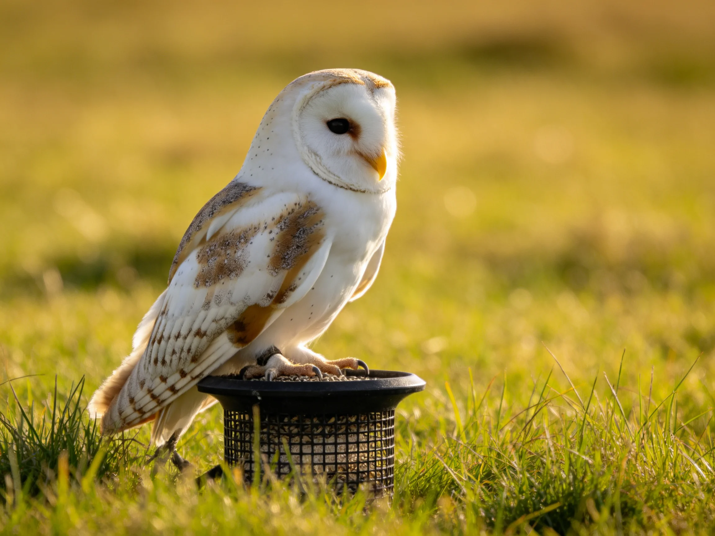 White and brown barn owl perched on black container in grassy field