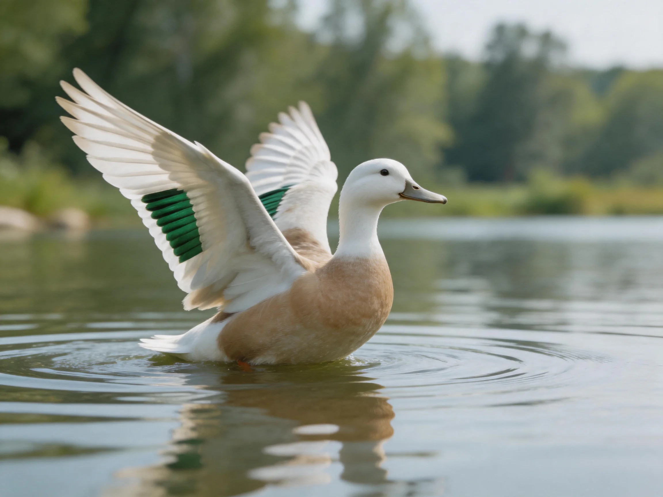 White and brown duck spreads wings on calm water