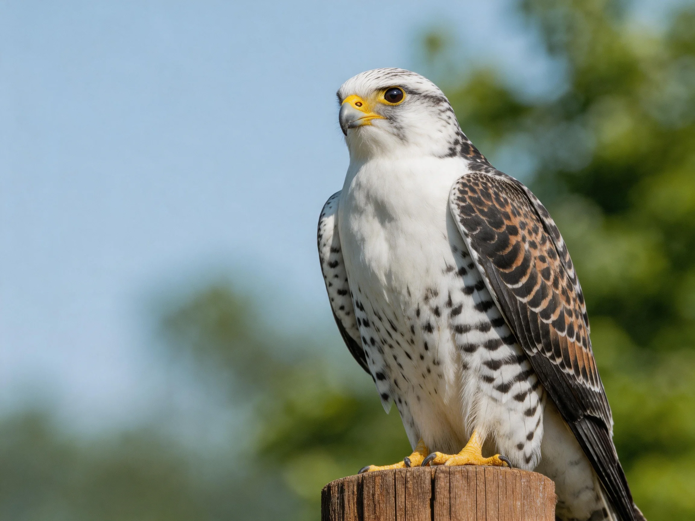 White and brown falcon perched on wooden post