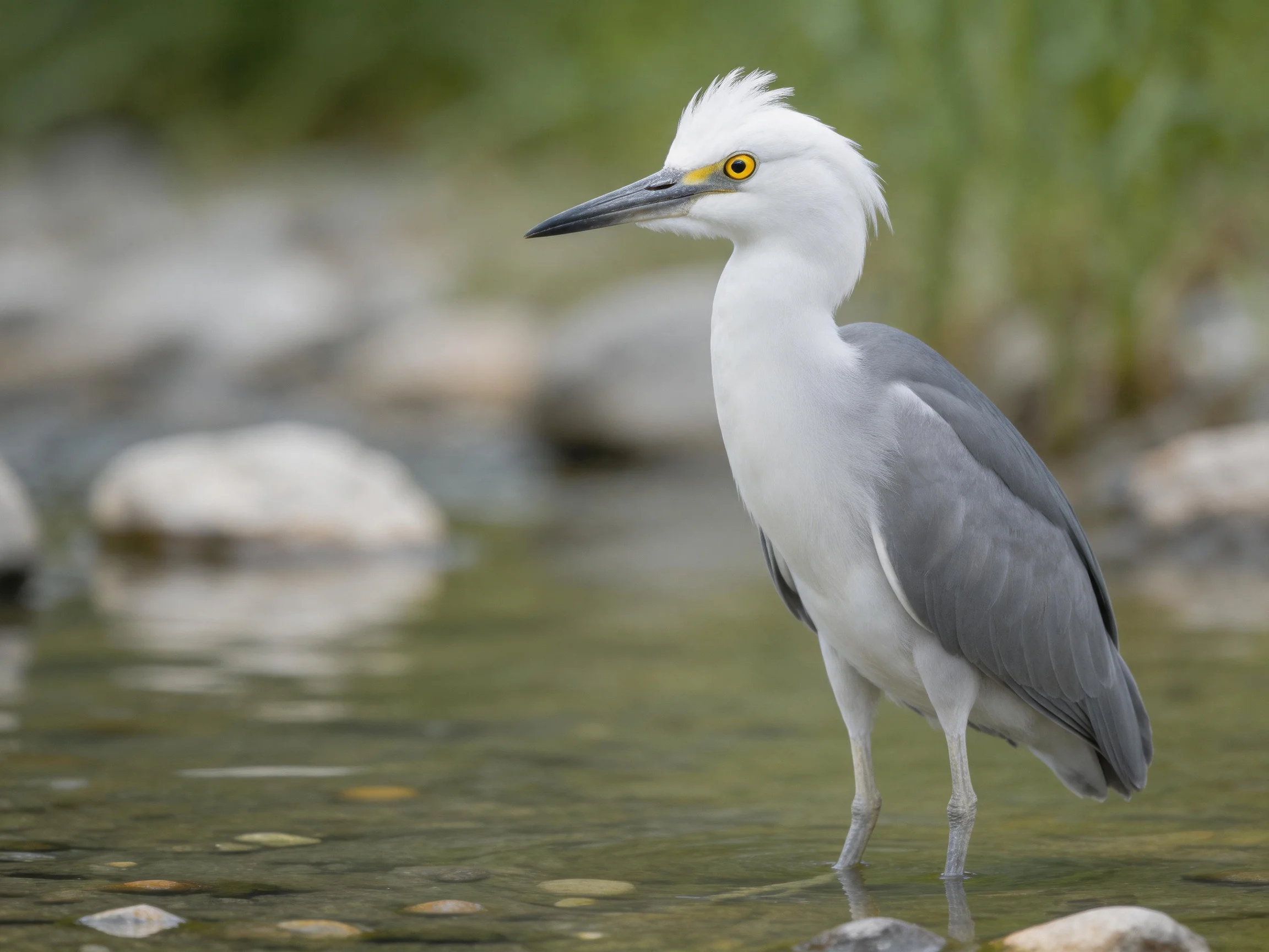 White and gray heron standing in shallow stream near rocks