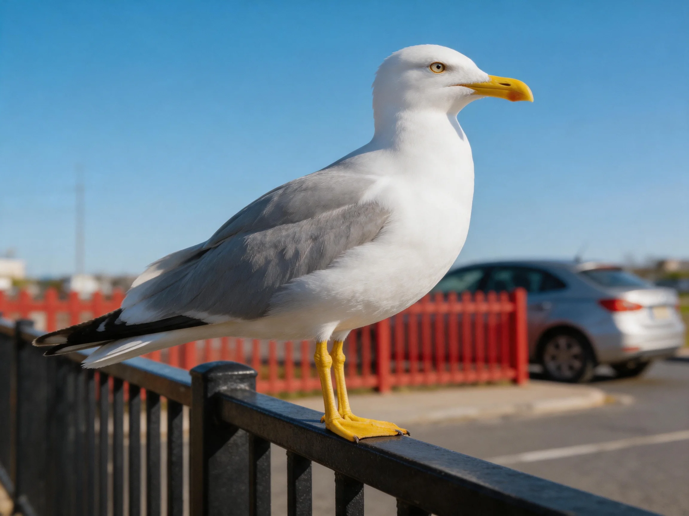 White and gray seagull perched on a black metal railing