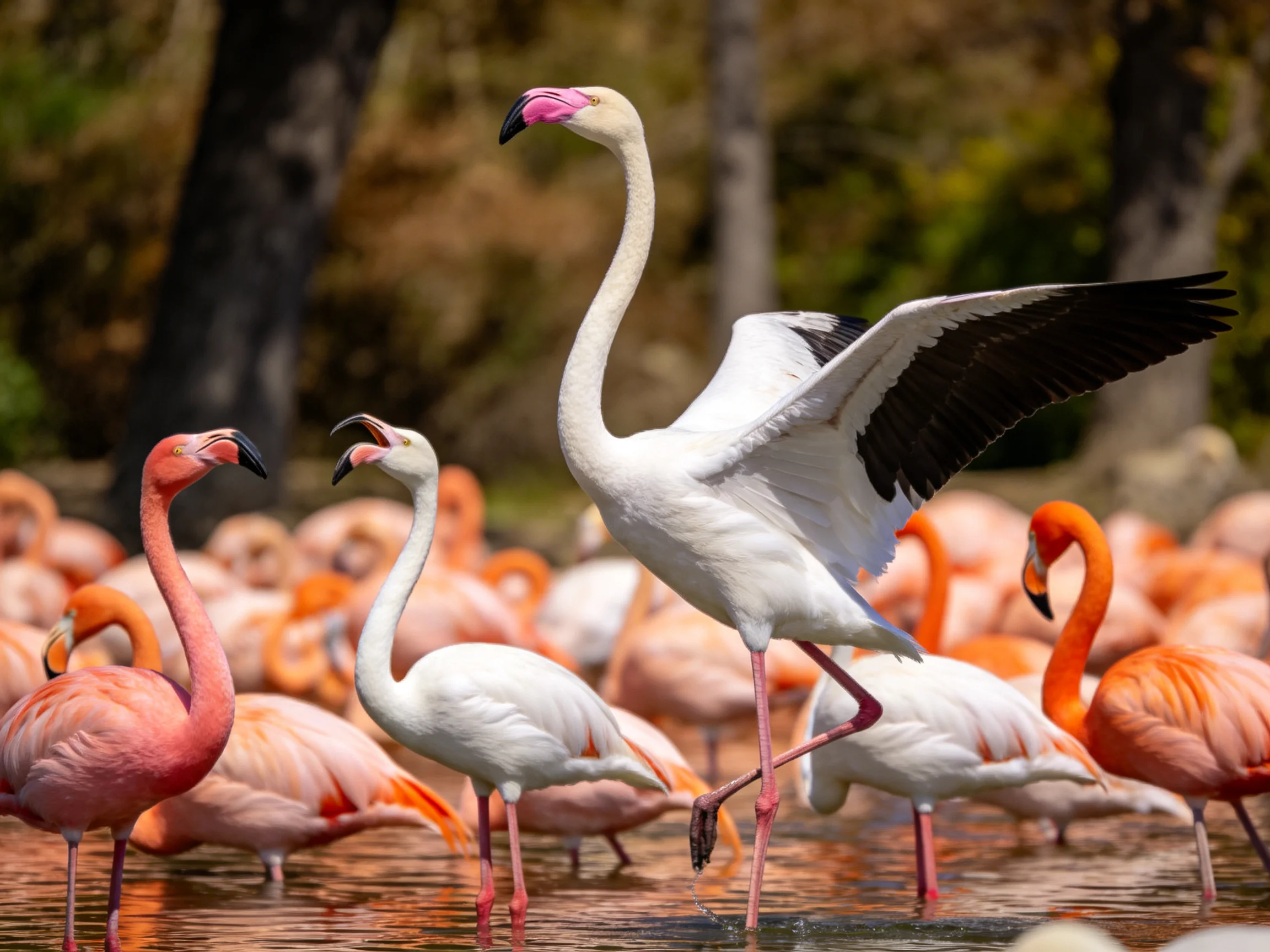 White and pink flamingos gather in shallow water