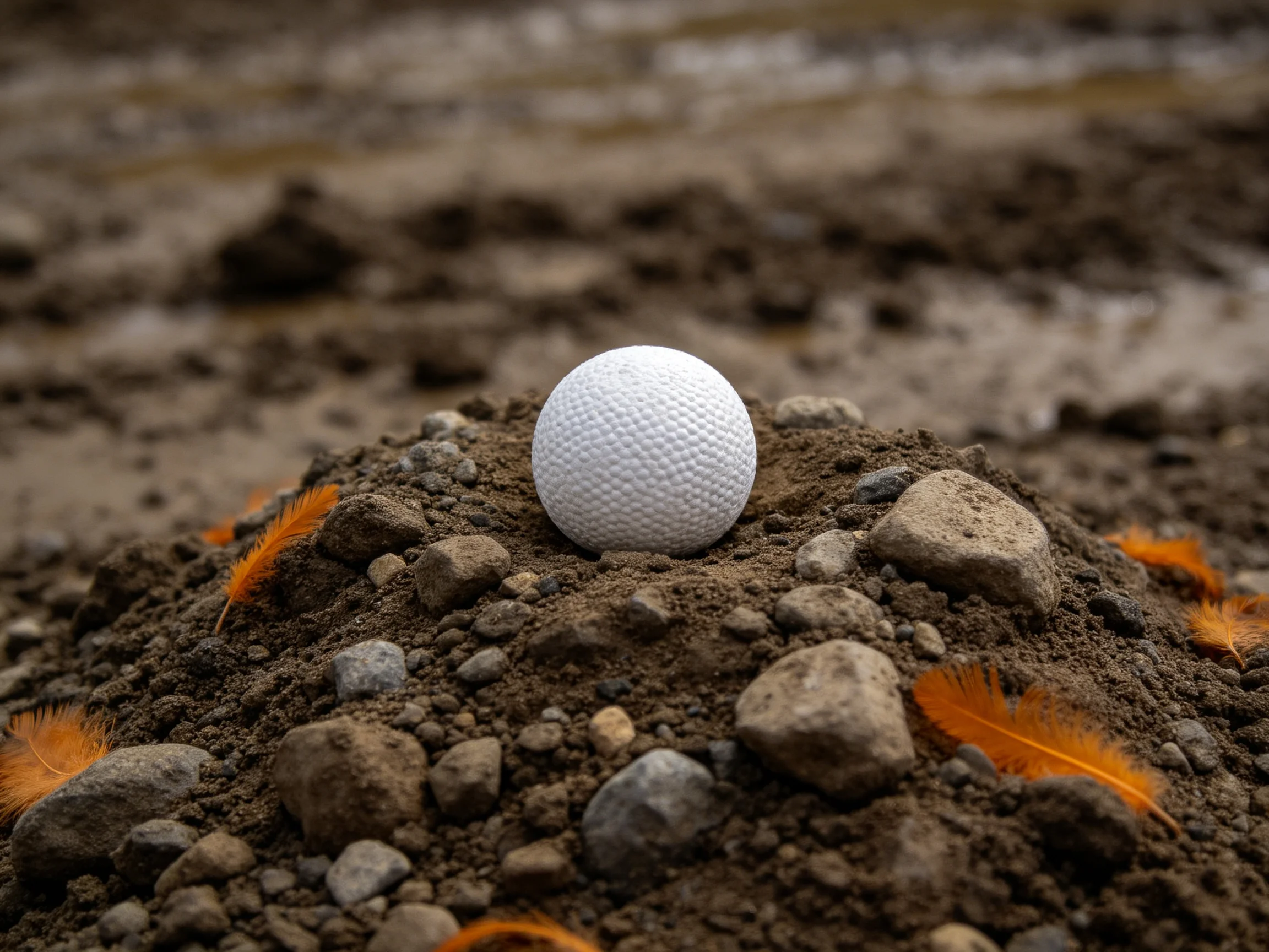 White ball on rocky dirt mound with orange feathers