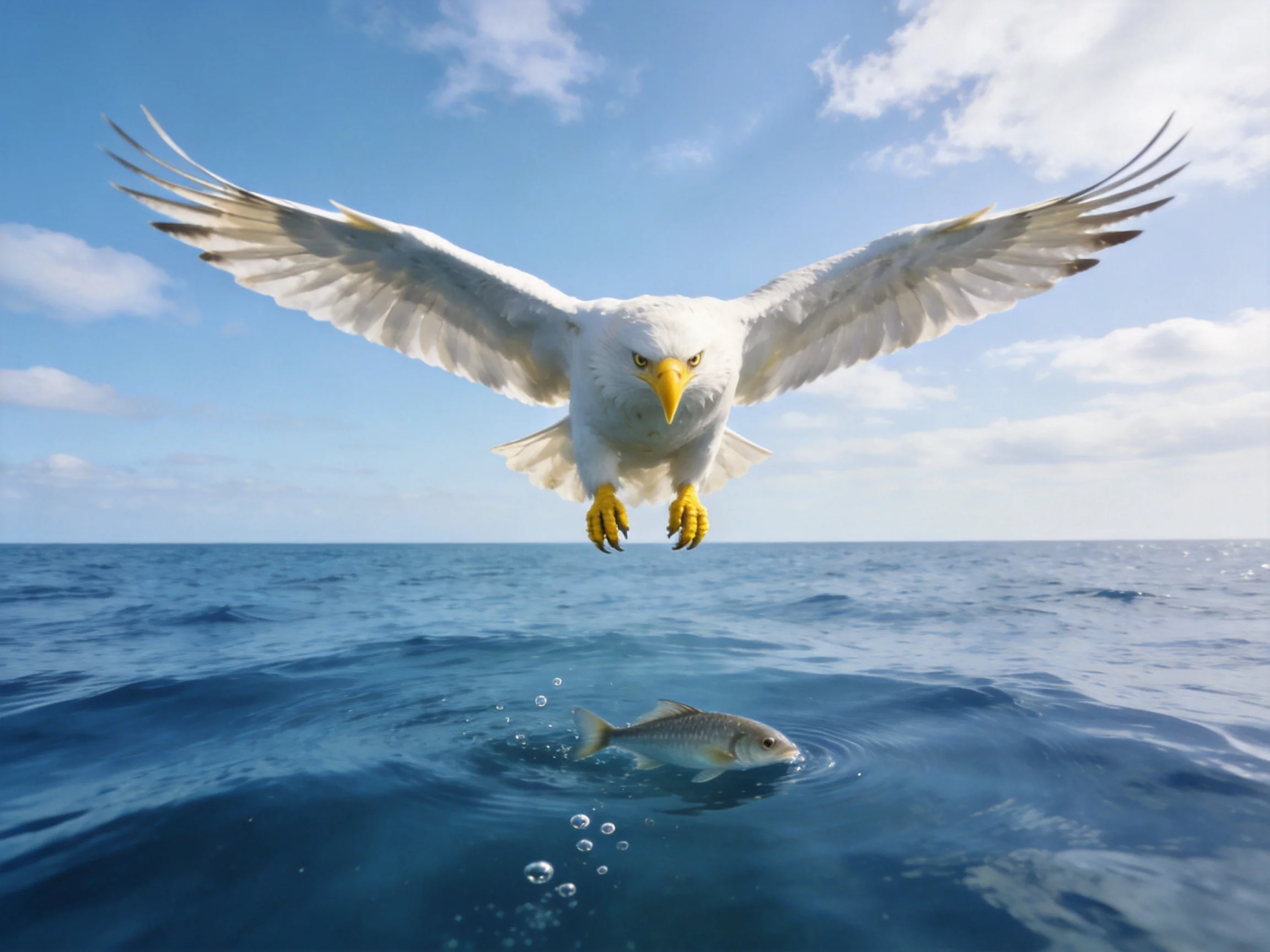 A white bird dives toward a fish in the blue ocean.