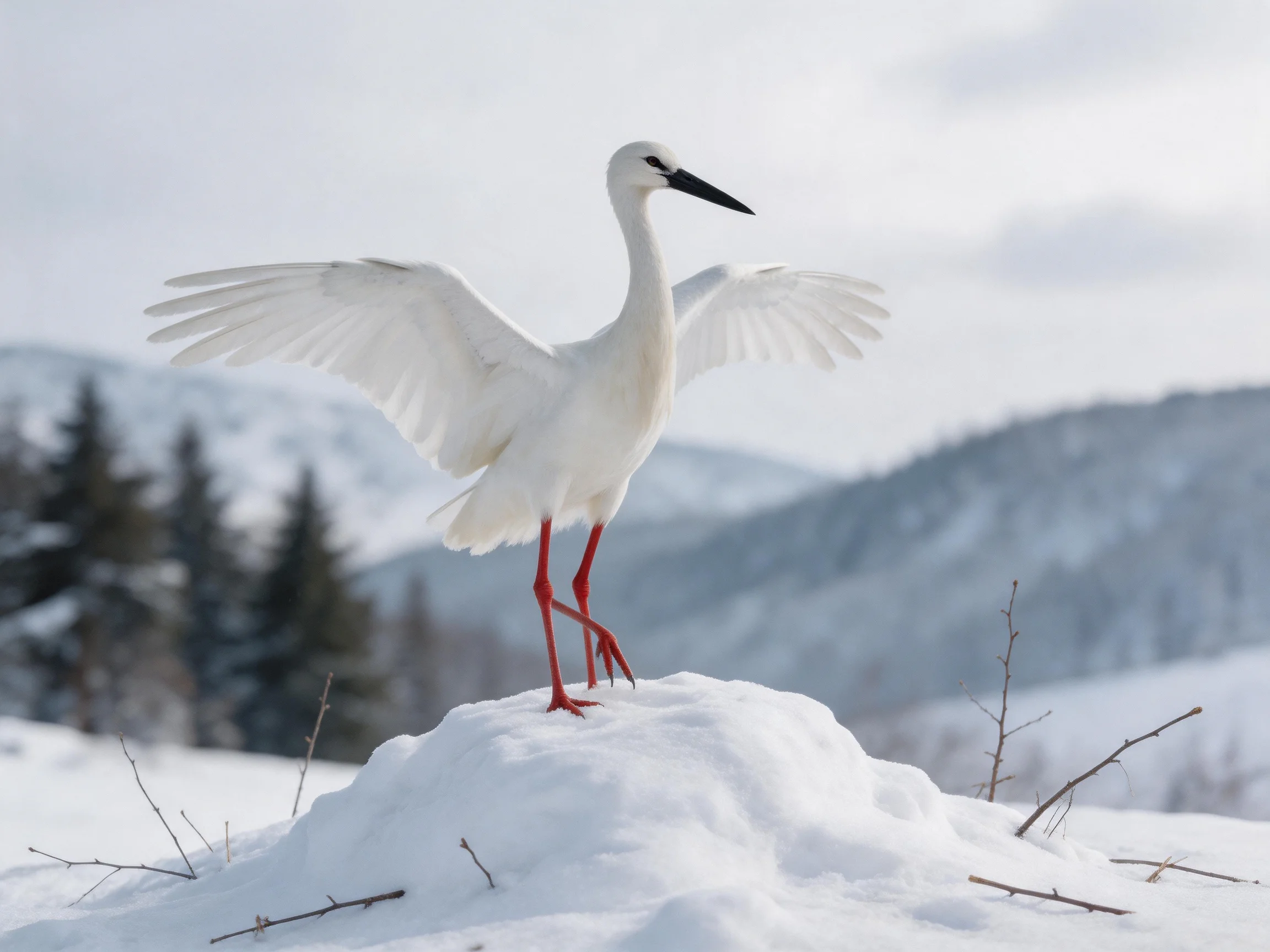 White bird spreading wings on snow mound near mountains