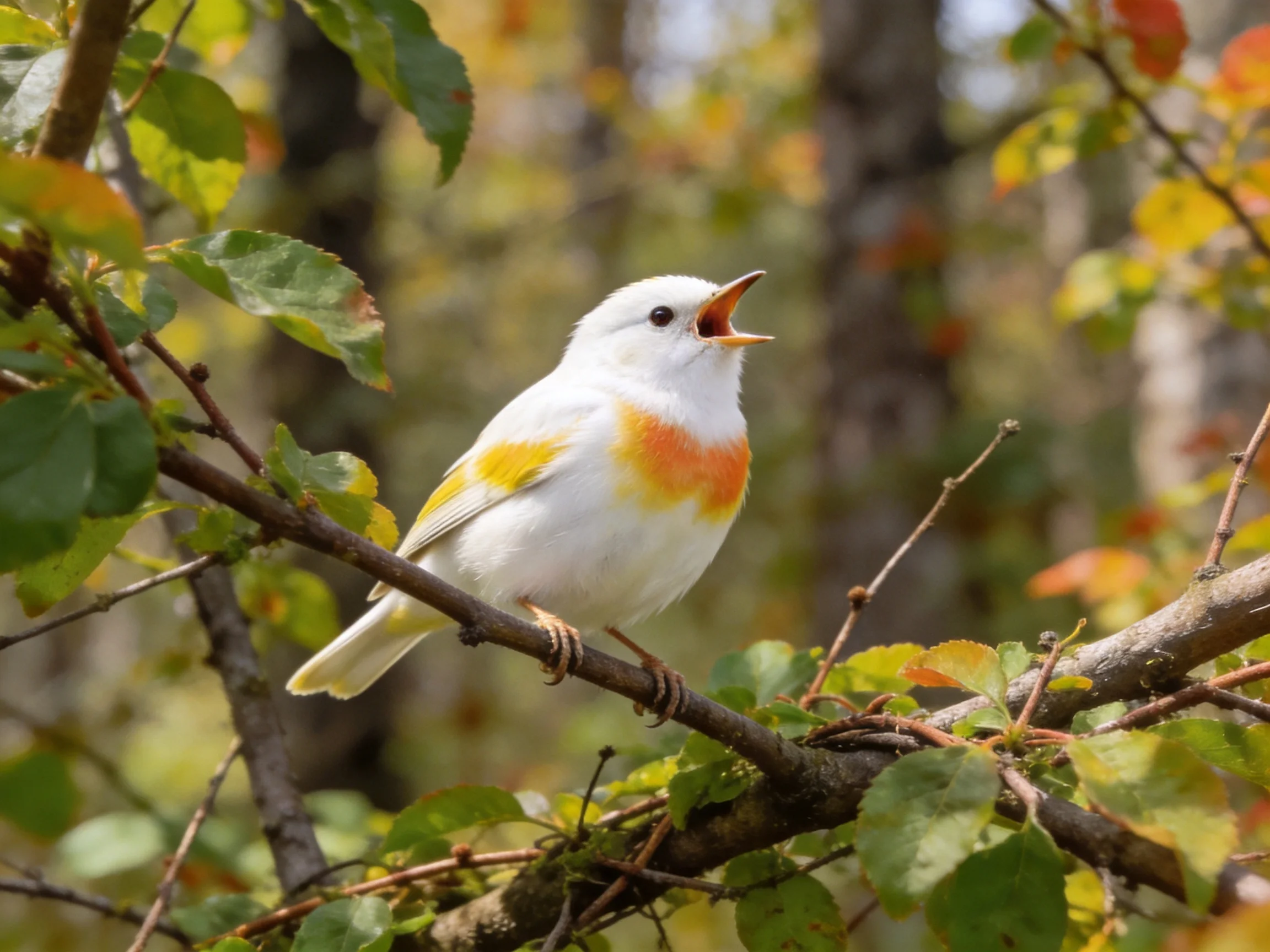 White bird with orange-yellow markings perched on a leafy branch