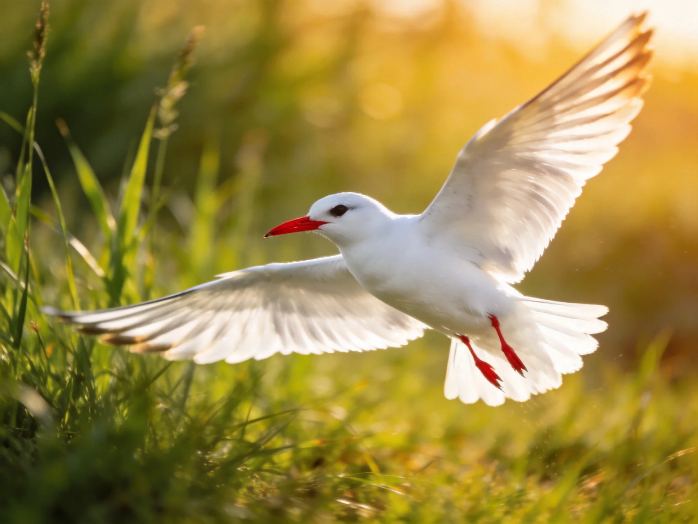 White bird with red beak soaring over green grass