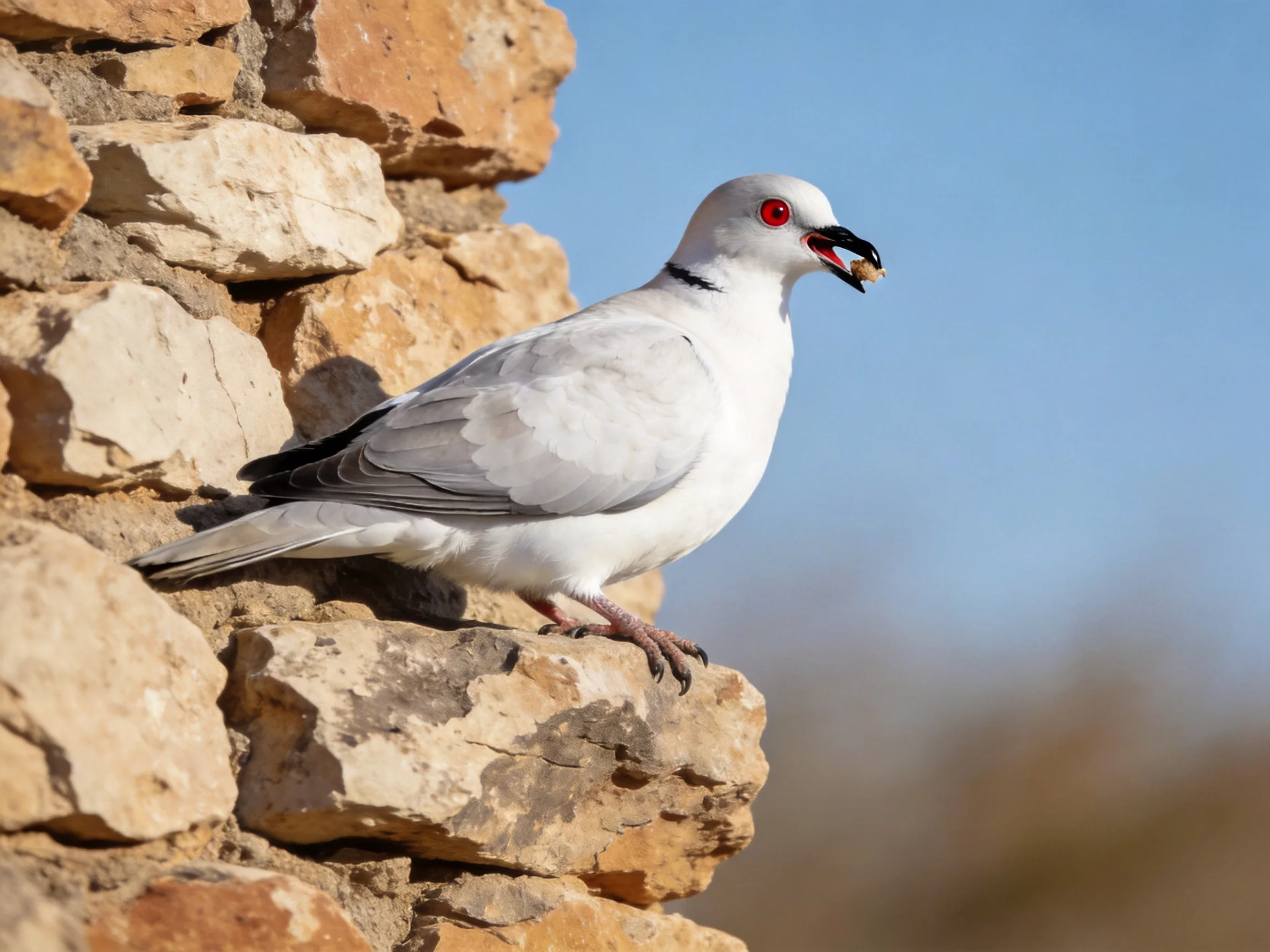 White bird with red eyes perched on ancient stone wall