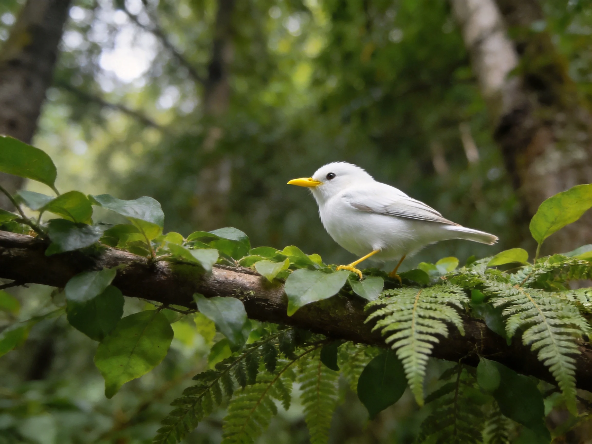 White bird with yellow beak perches on leafy forest branch