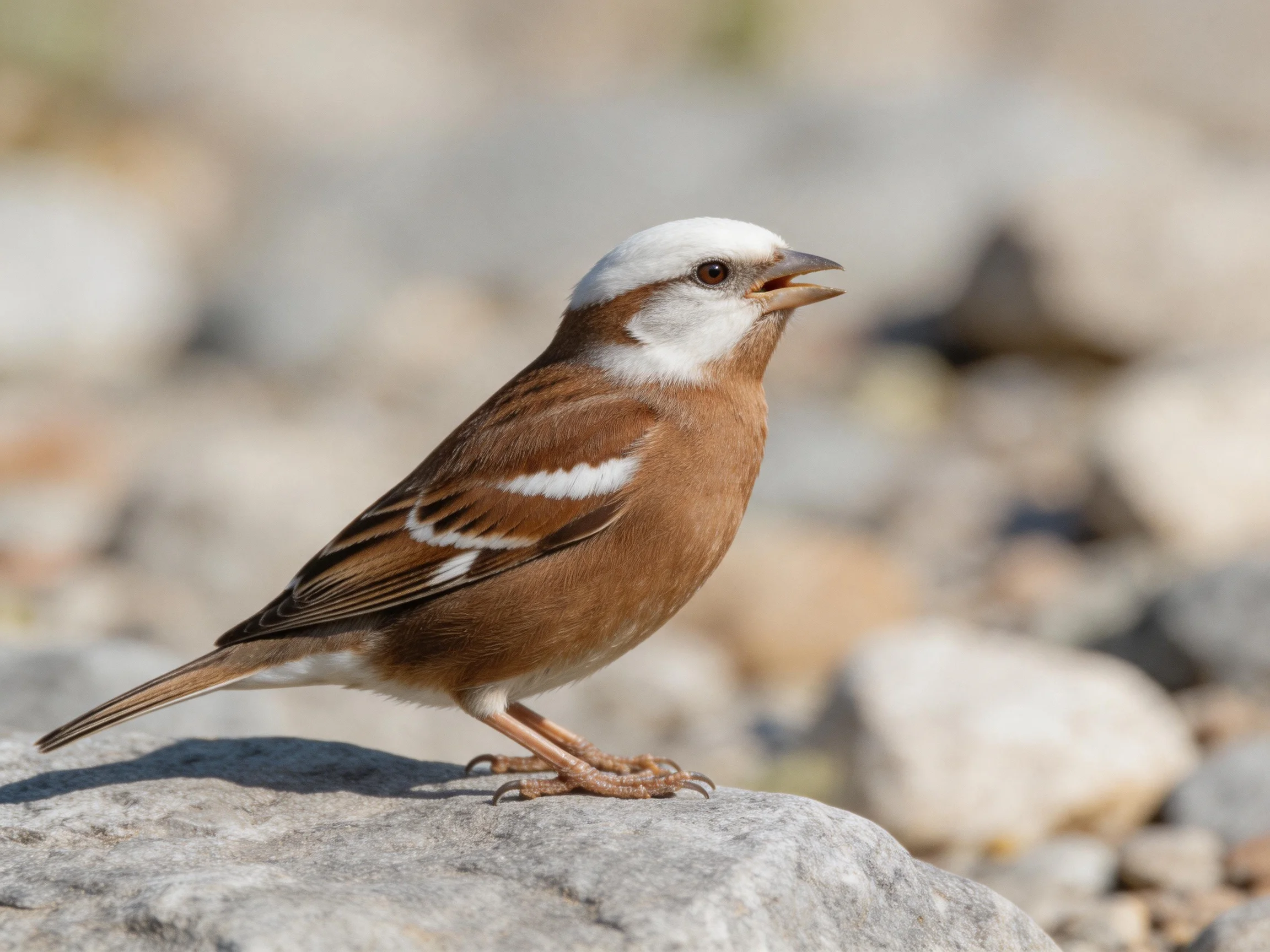 White-capped sparrow with brown plumage perched on a gray rock