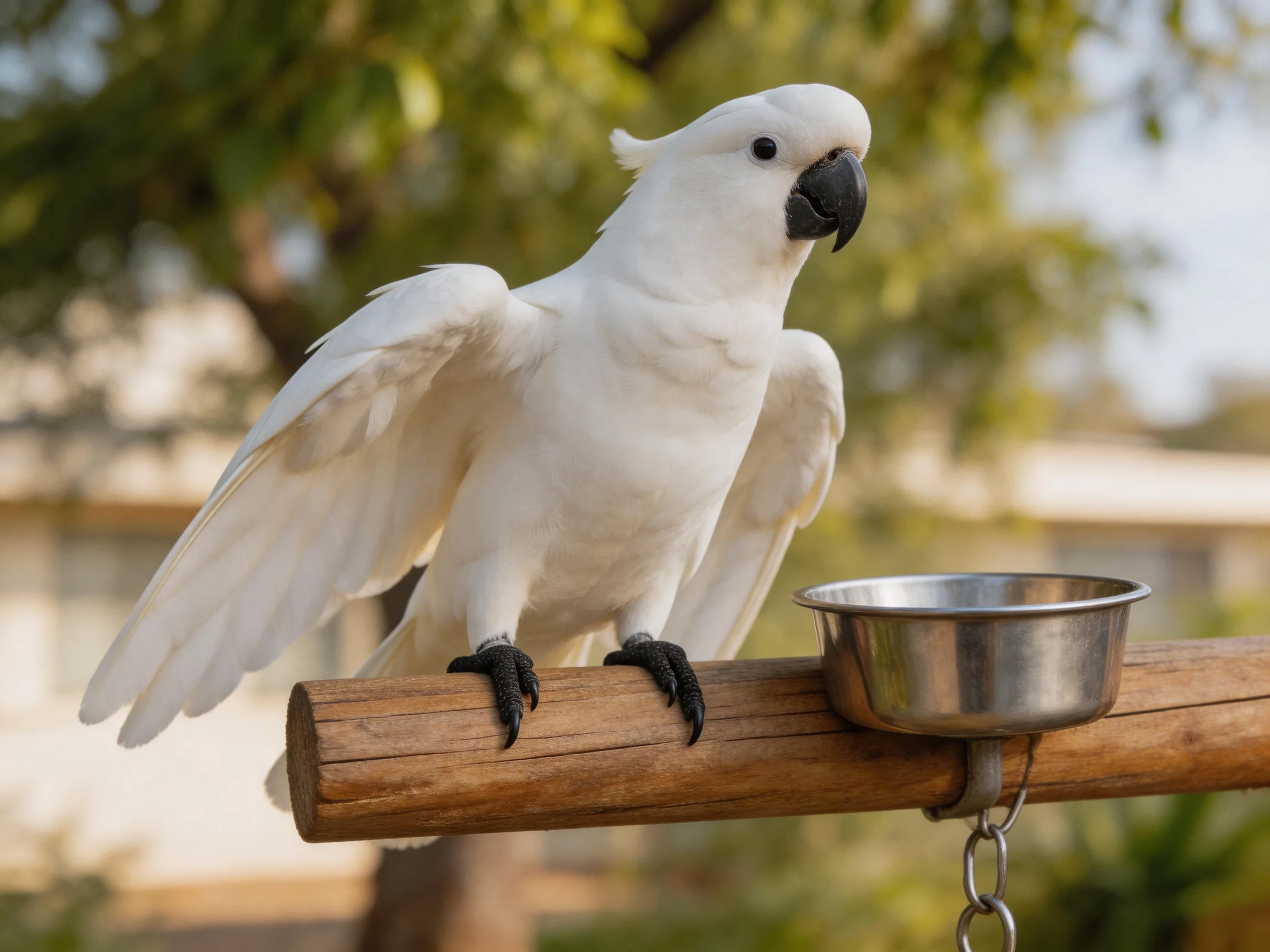 White cockatoo perched on wooden bar near metal bowl