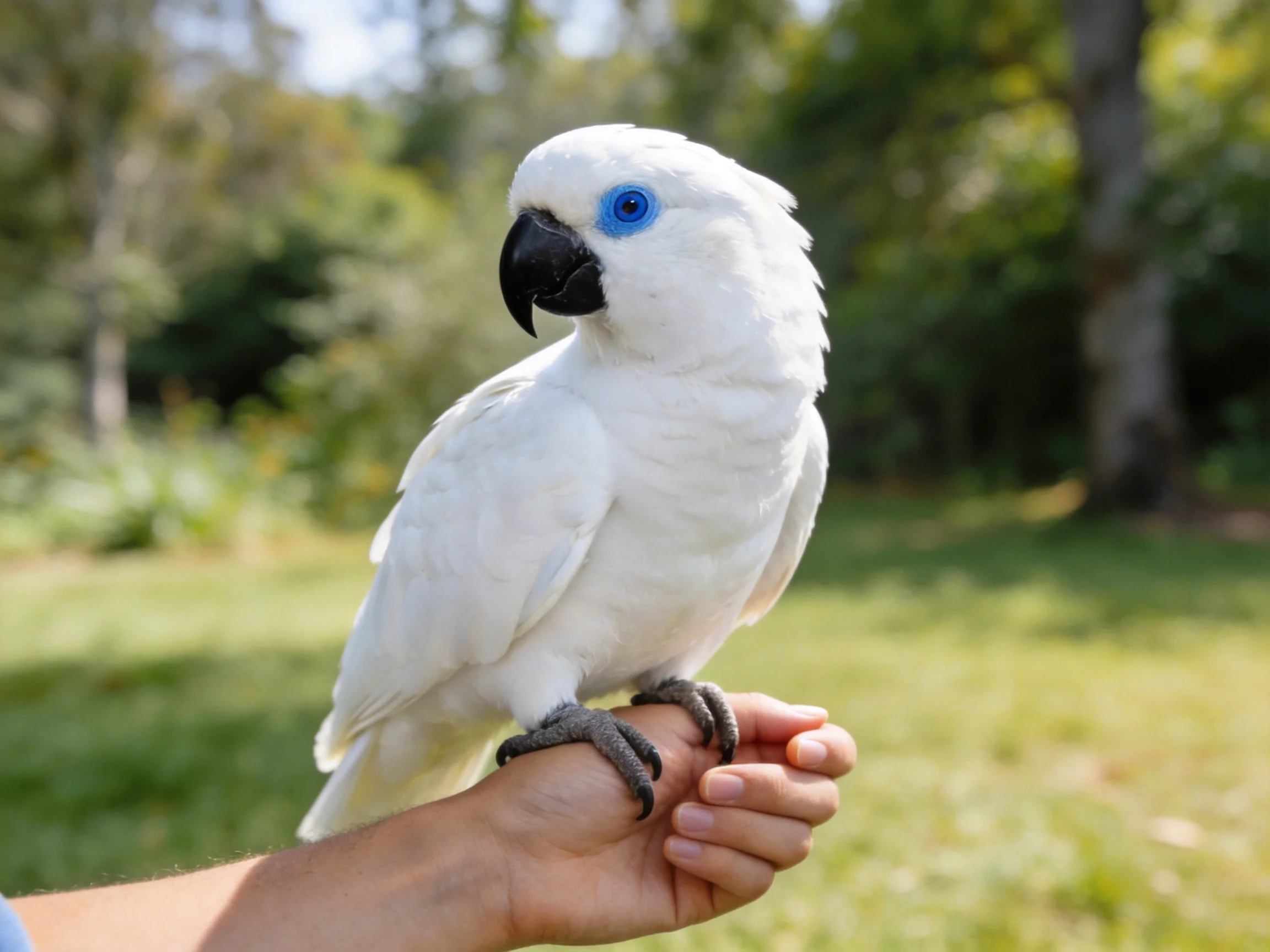 White cockatoo with blue eye perched on human hand outdoors