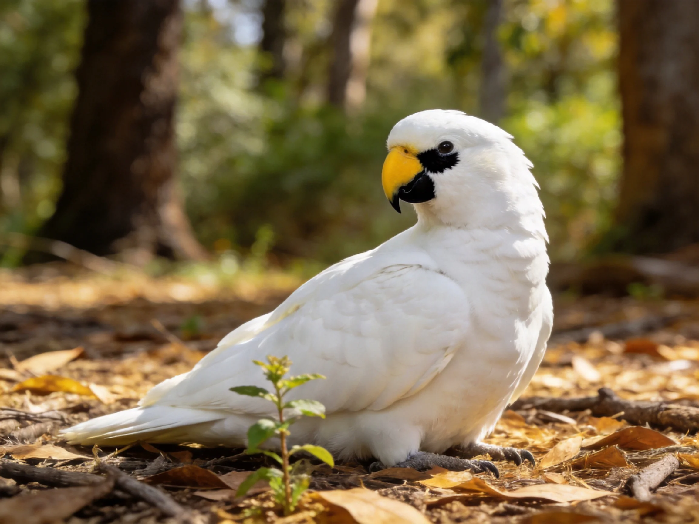 White cockatoo with yellow beak on leaf-littered forest floor
