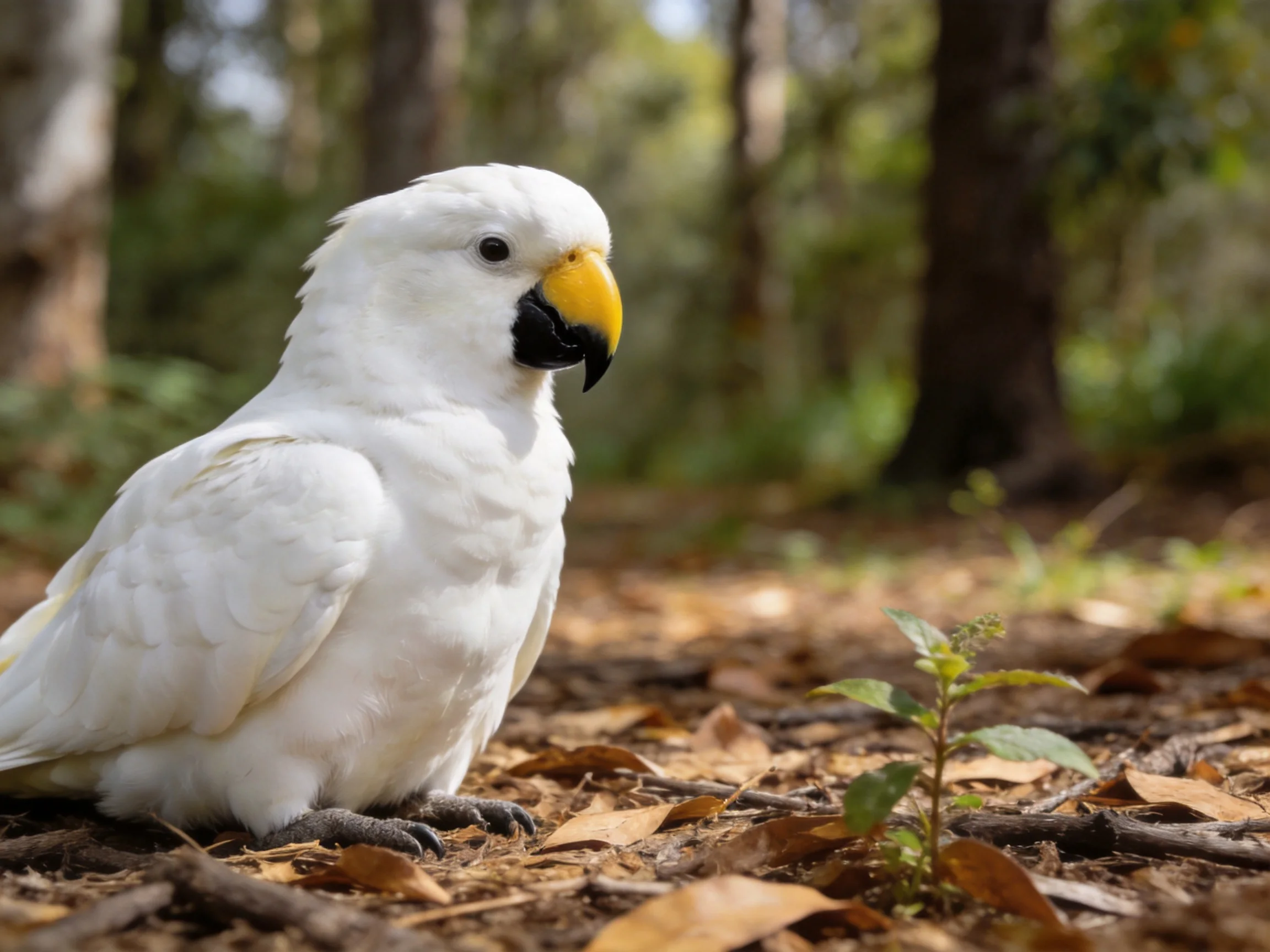 White cockatoo with yellow beak resting on forest floor