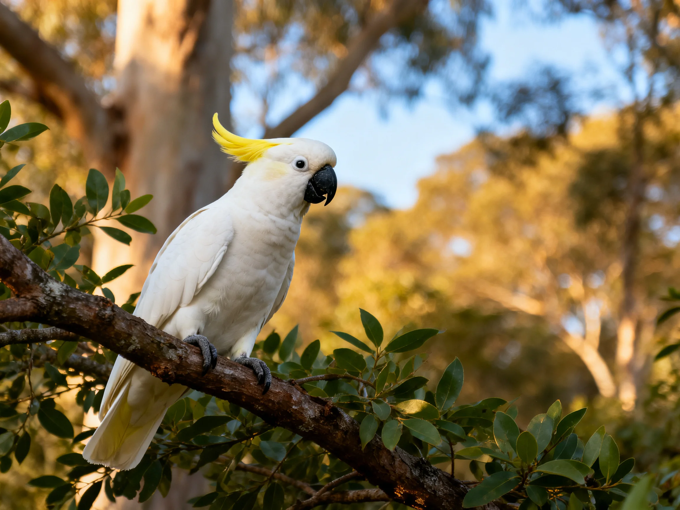 White cockatoo with yellow crest perched on a tree branch