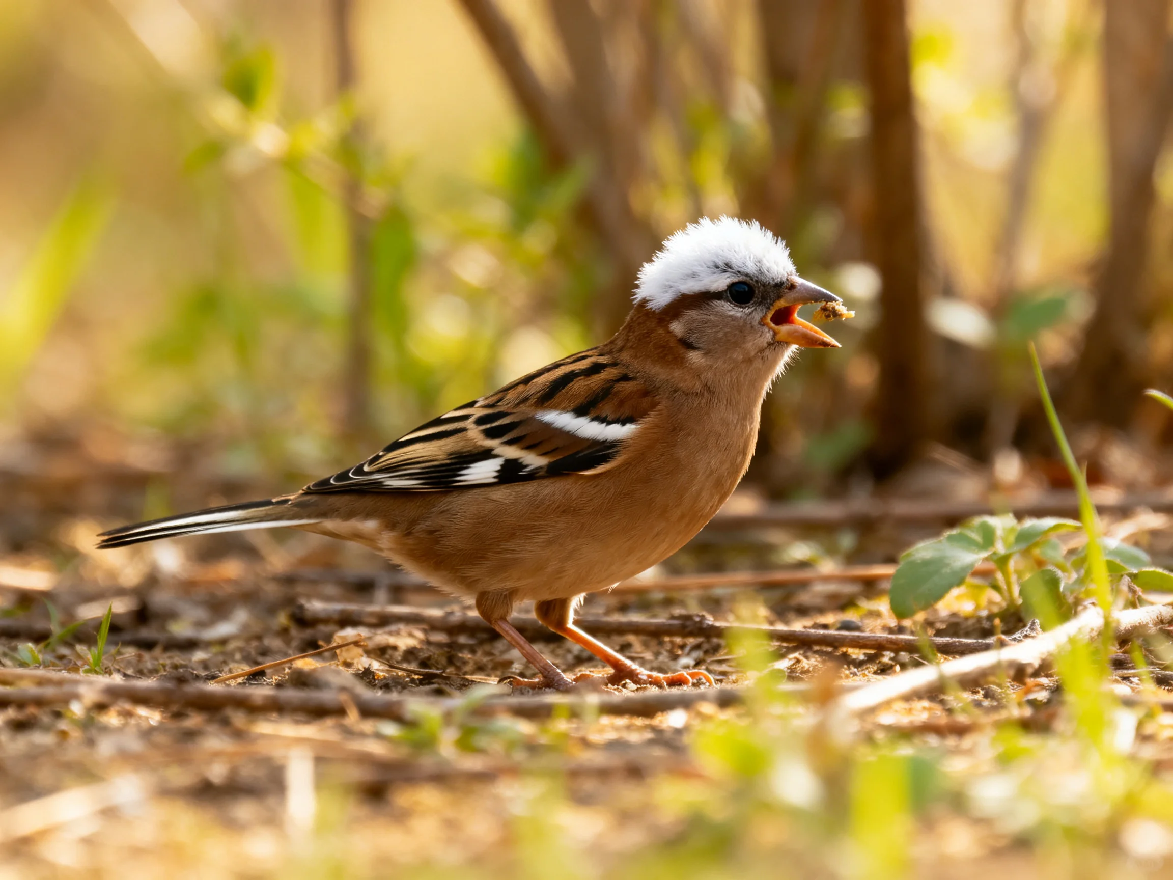 White-crowned sparrow with brown plumage on forest floor