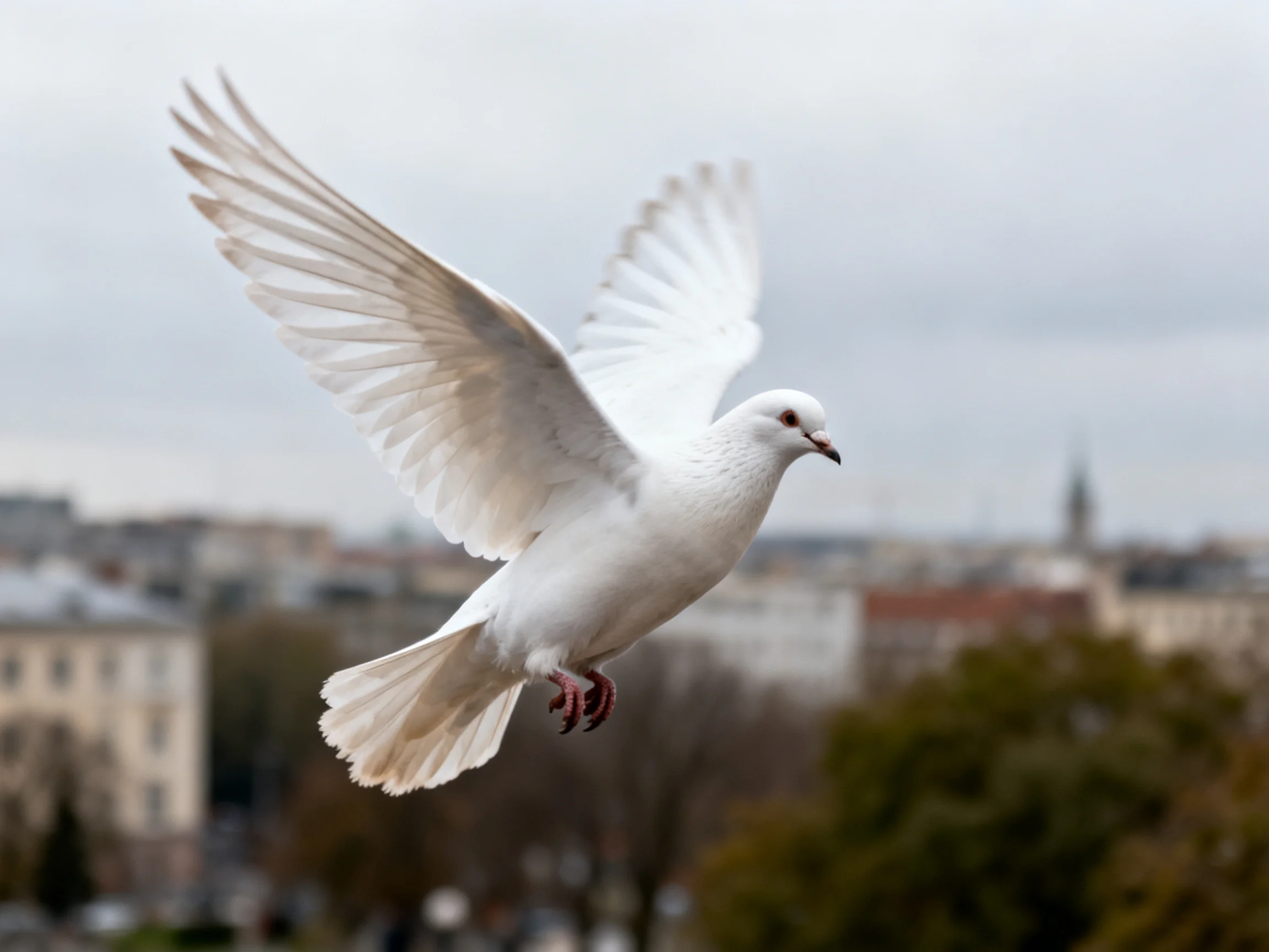 White dove flying with spread wings above city structures