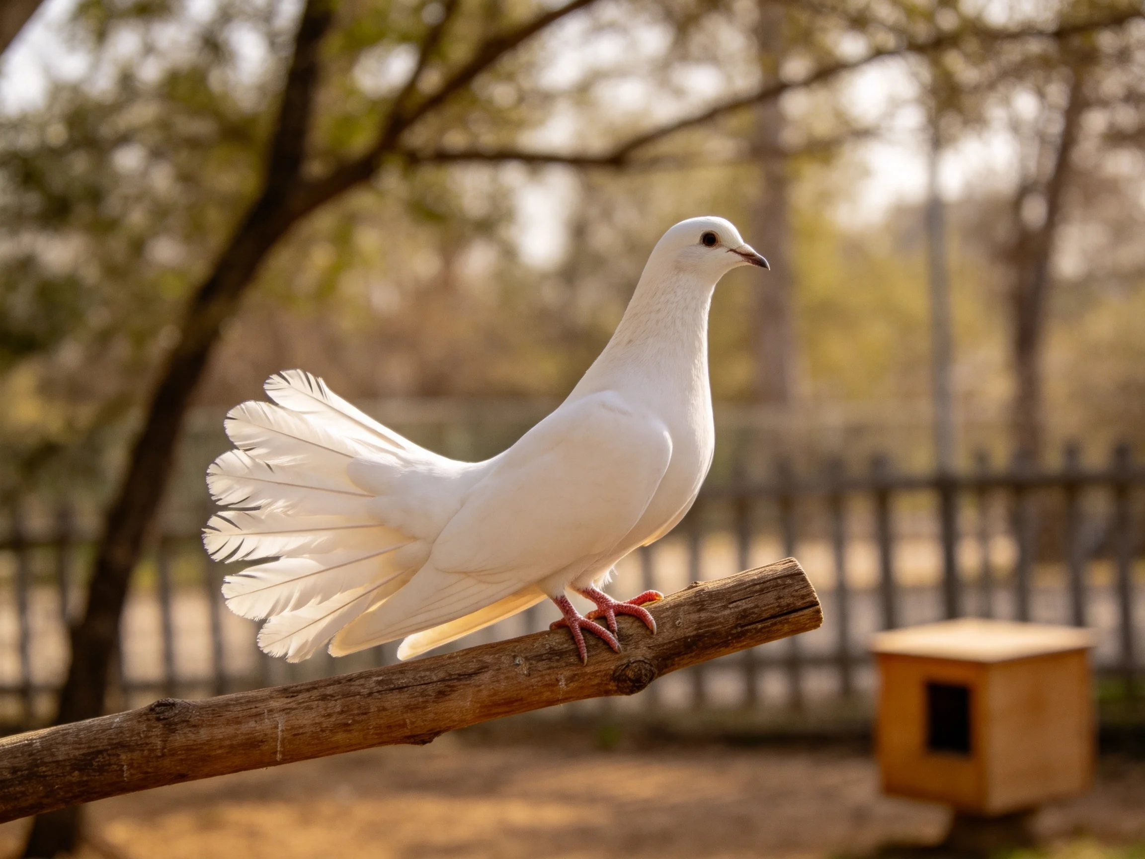 White dove perched on wooden branch in outdoor enclosure