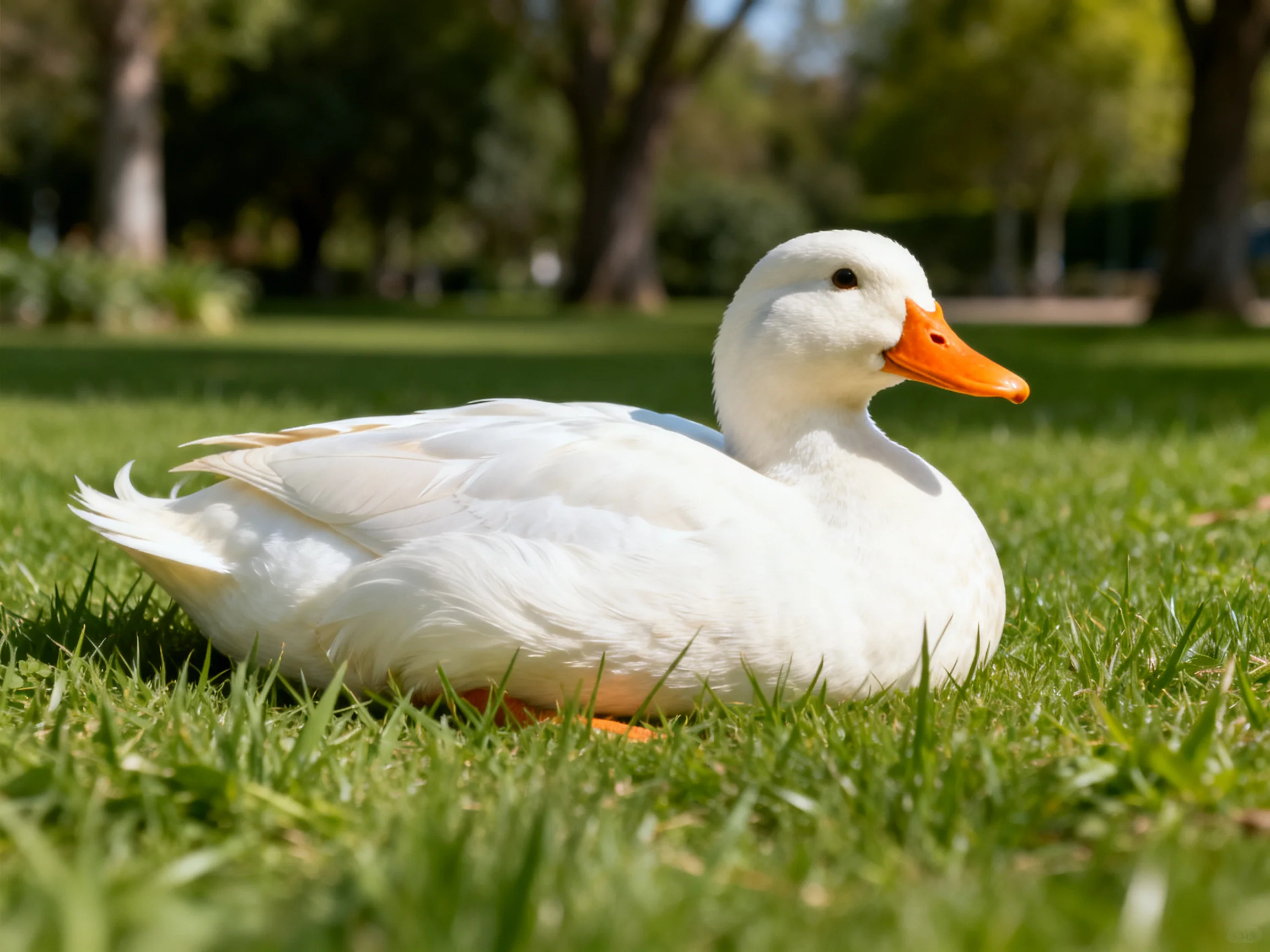 A white duck rests on green grass in a sunlit outdoor area.